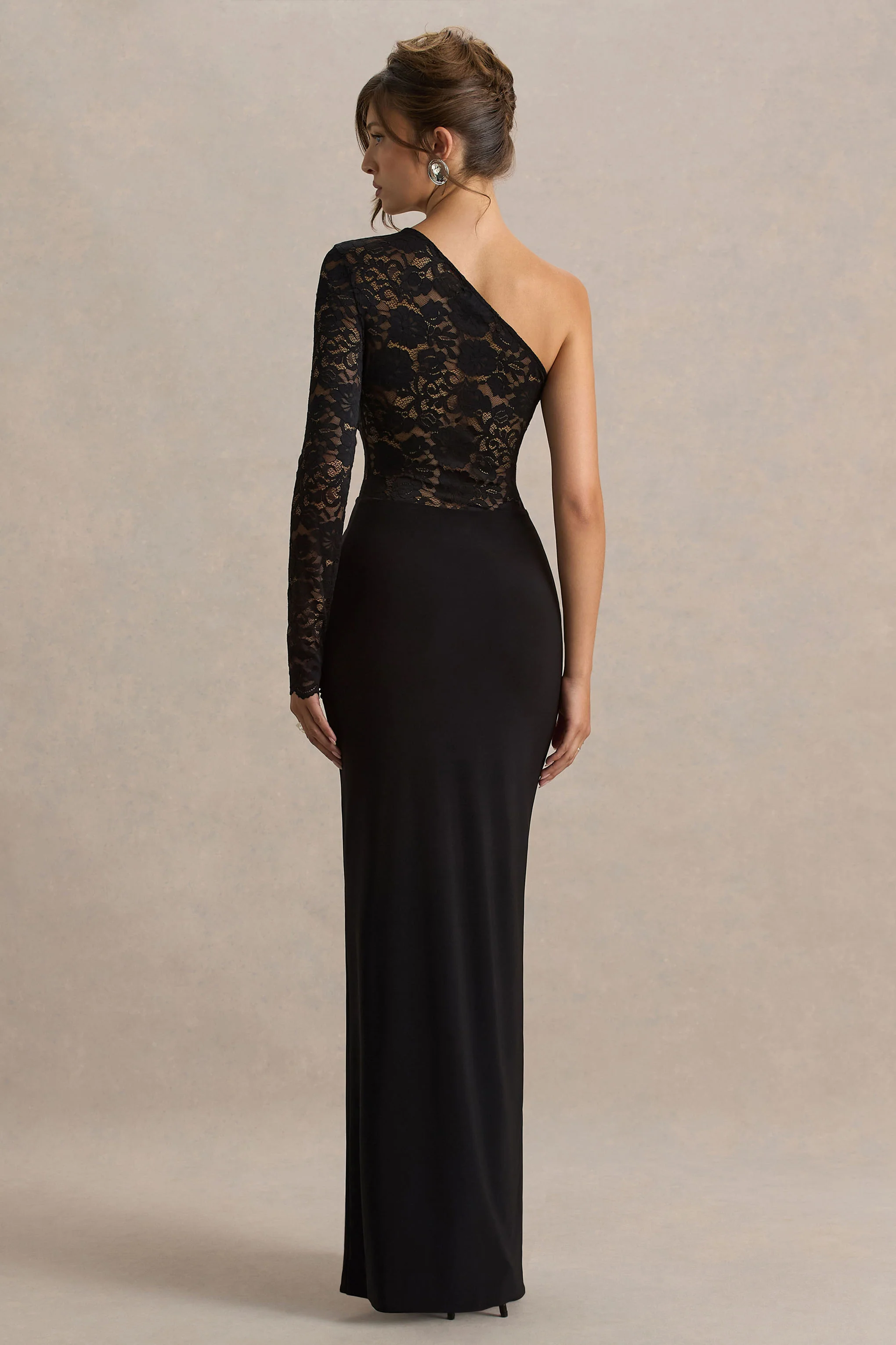 Melody | Black Asymmetric-Neck Maxi Dress With Lace Detailing And Front-High Split