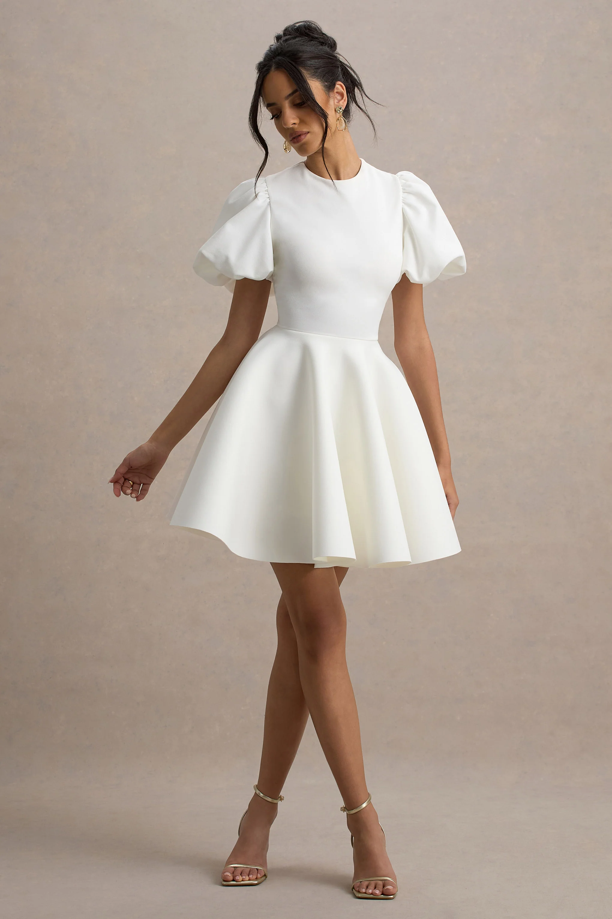 Emelia | White Puff-Sleeve Skater Mini Dress