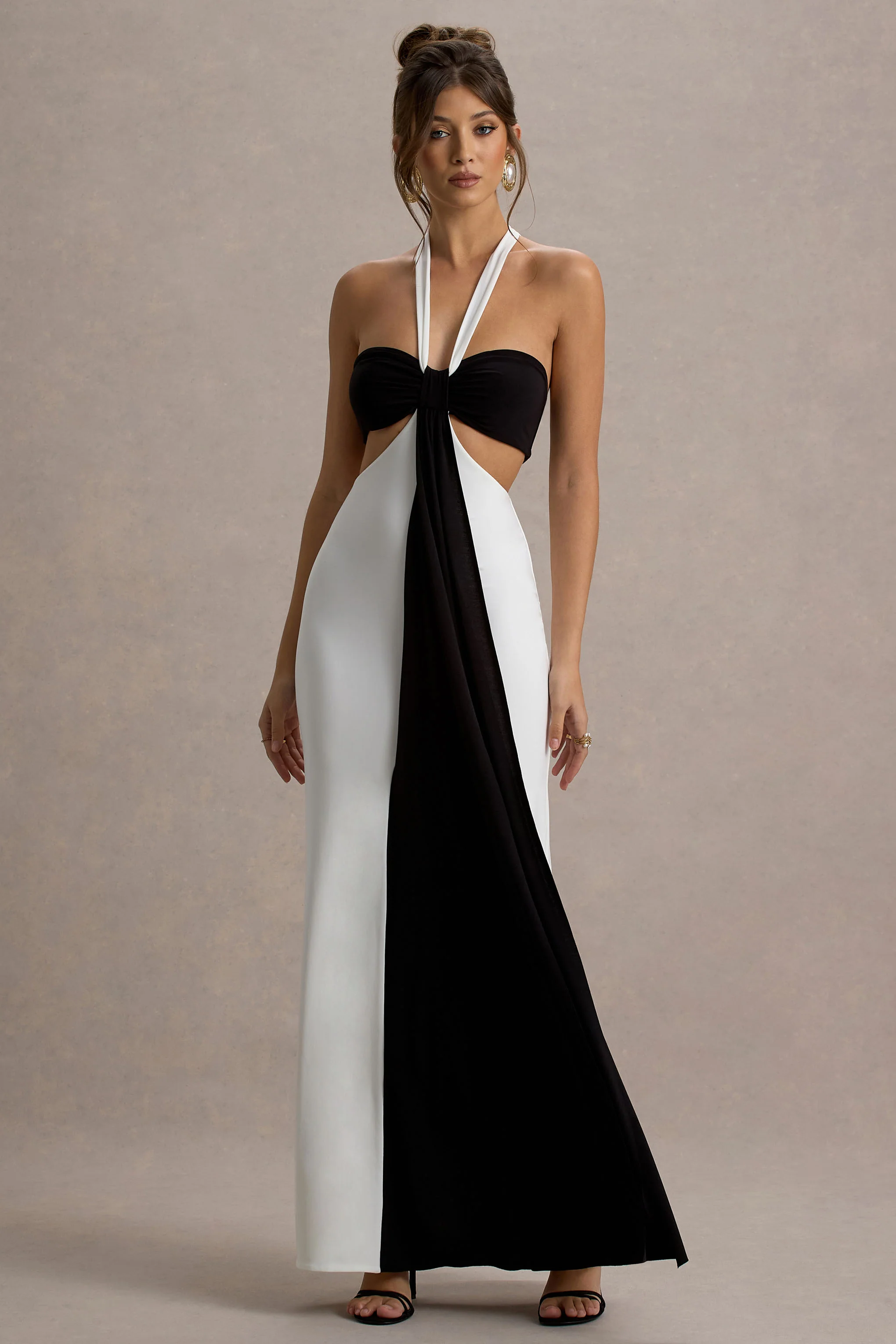 Acentis | Black & White Halter-Neck Cut-Out Maxi Dress