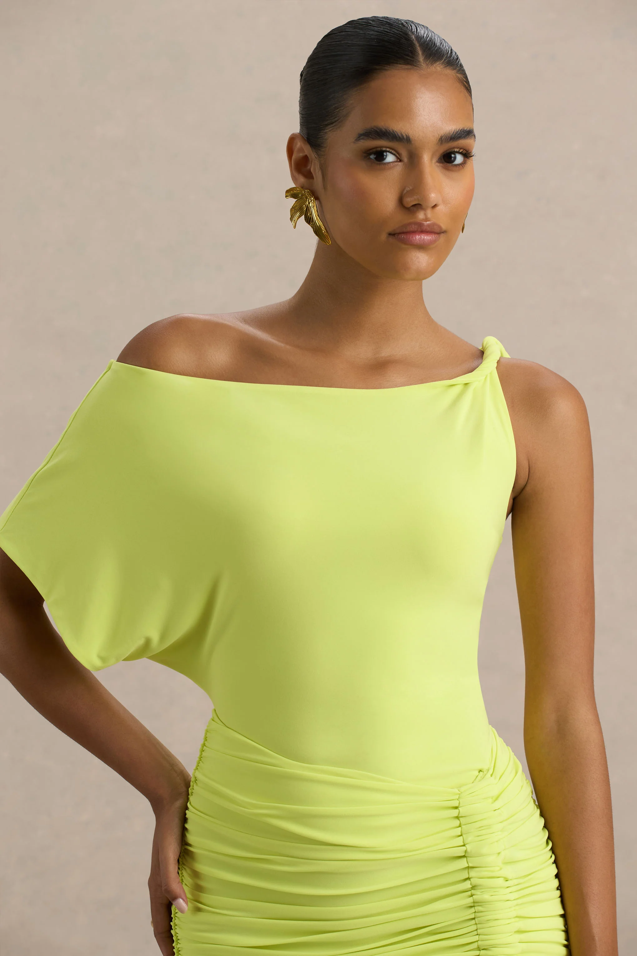 Marci | Lime Green Asymmetric Ruched Mini Dress With Sash