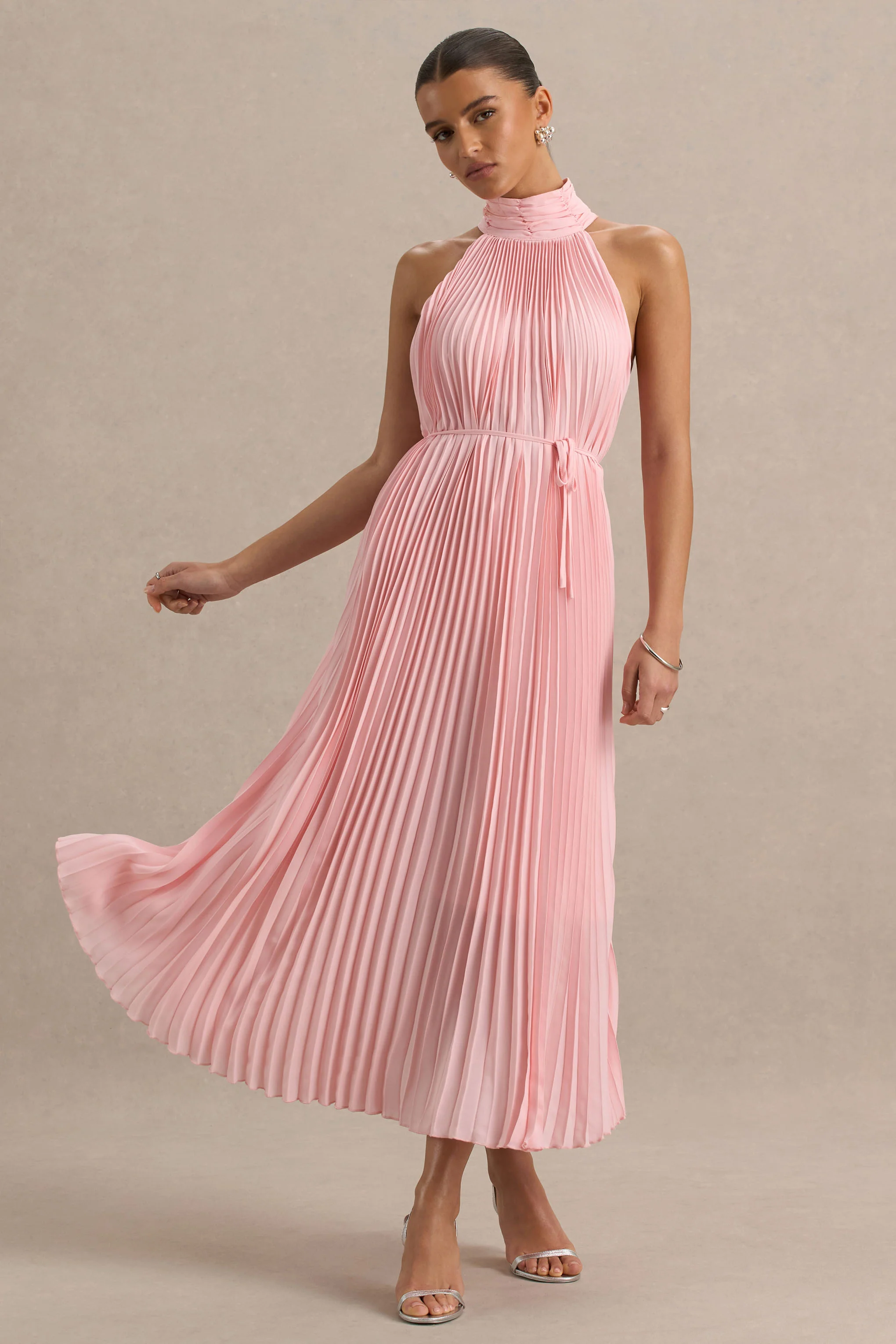 Tulip | Blush Pink Pleated High-Neck Midi Dress