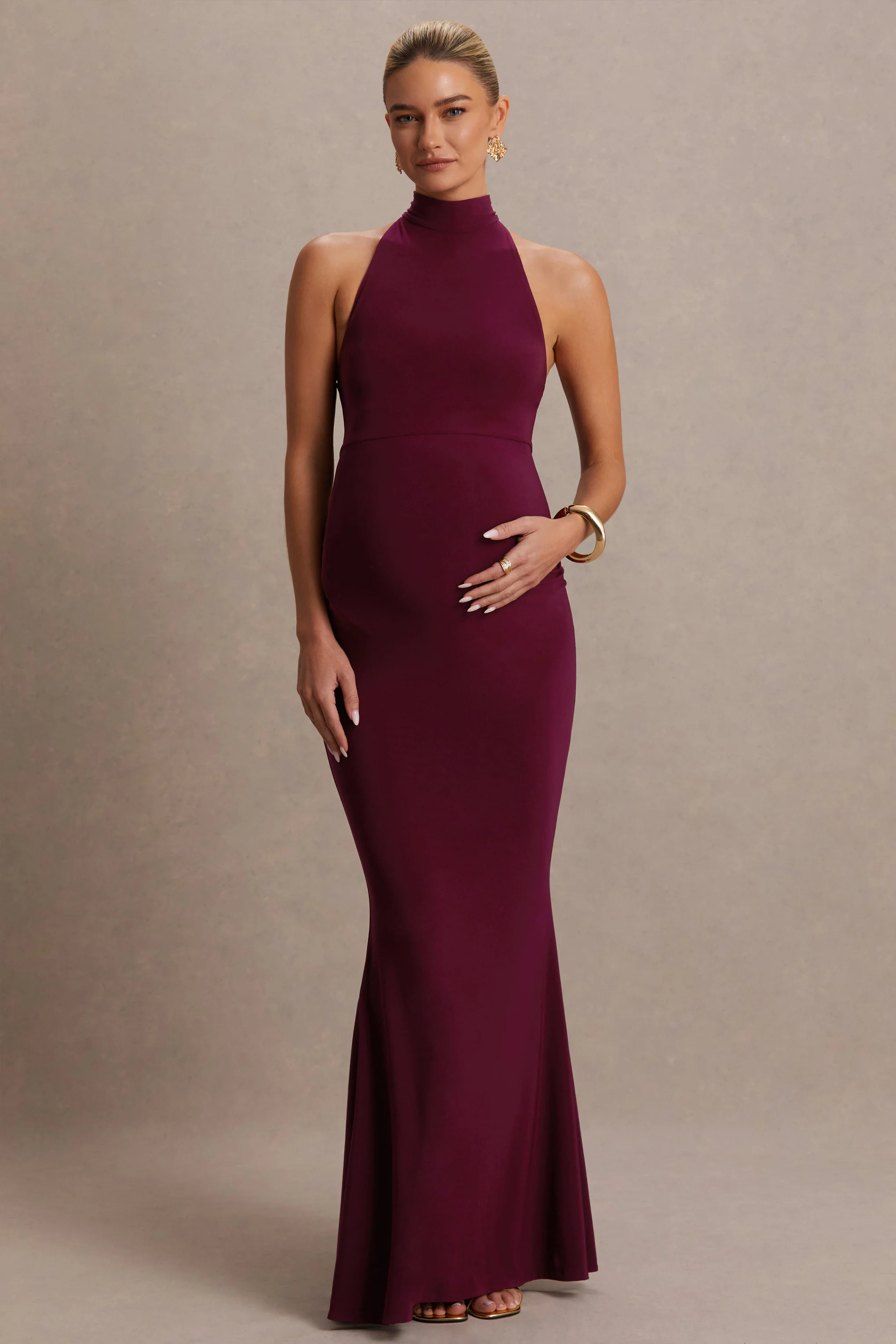 Kaia | Burgundy Halter-Neck Maternity Dress