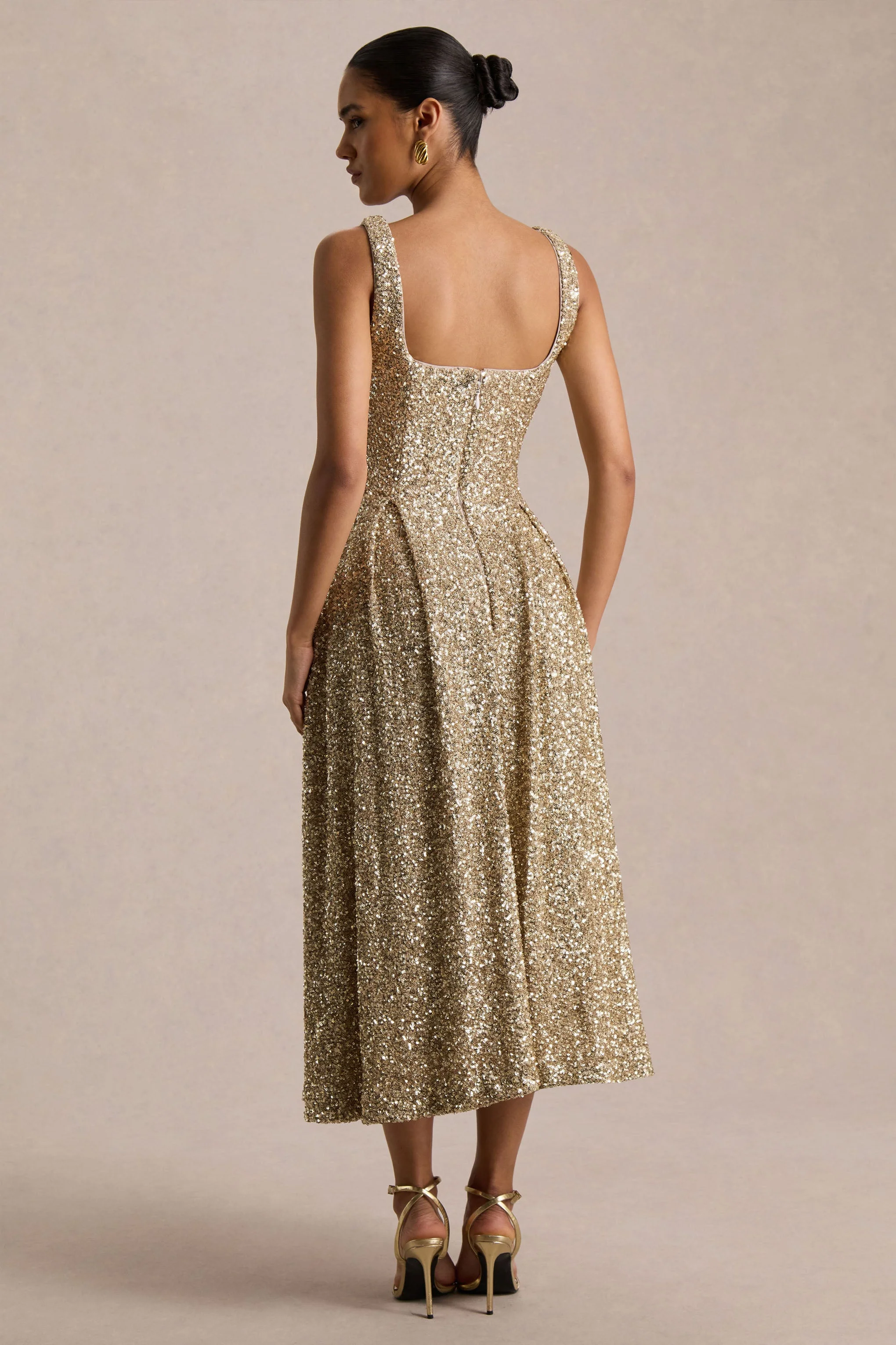 Lima | Champagne Sequin Square-Neck A-Line Midi Dress