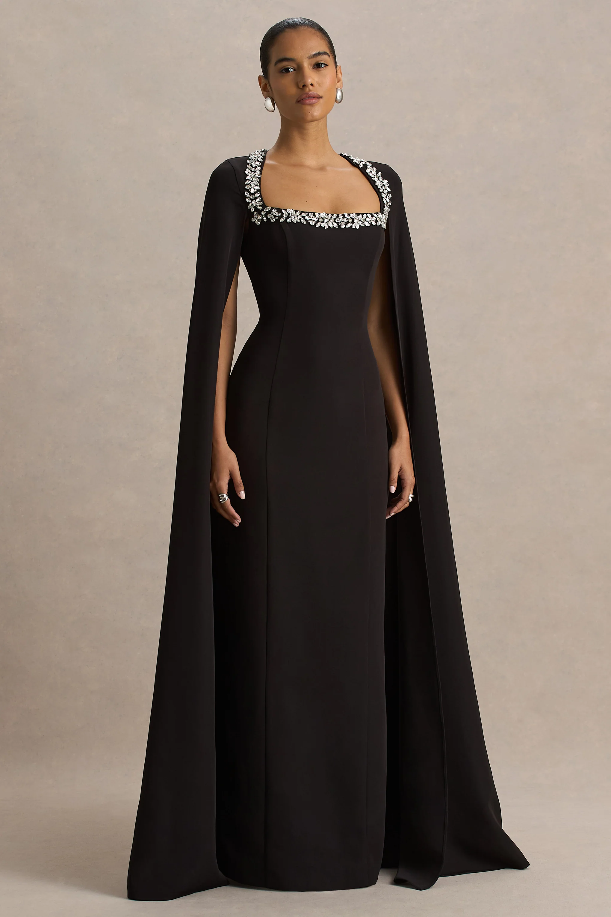 Glossy | Black Woven Square-Neck Maxi Dress With Cape Sleeves and Hand-Embellished Detail