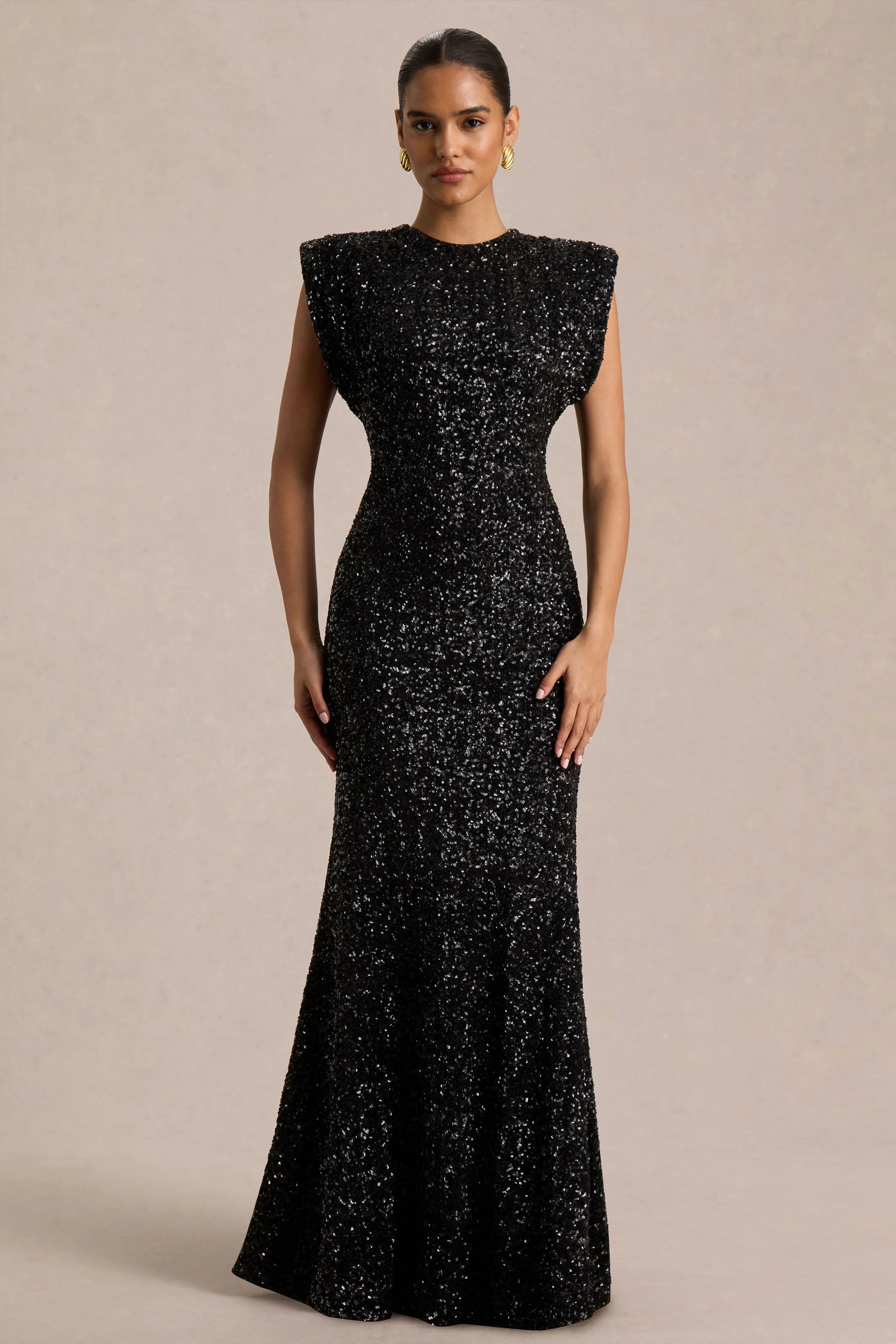 Aurah | Black Sequin Crew-Neck Maxi Dress With Cap Sleeves
