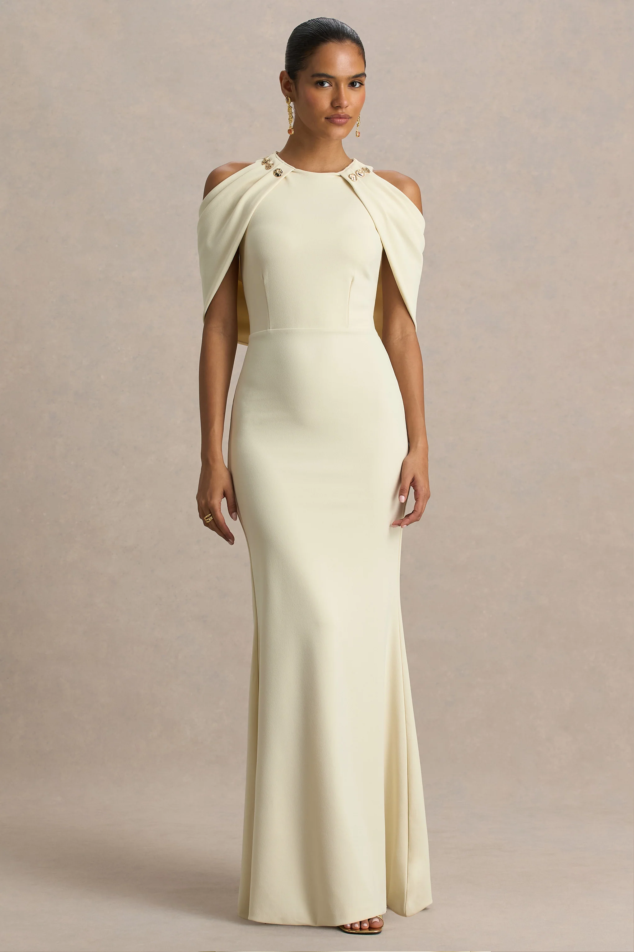 Yulia | Sand High-Neck Maxi Dress With Cape Sleeves