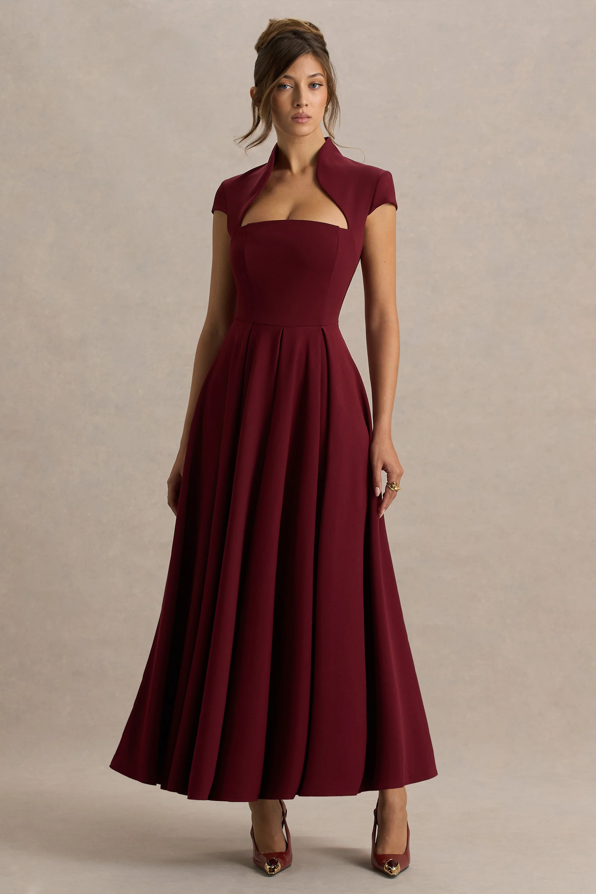 Scarlett | Burgundy Asymmetric-Neck Maxi Dress
