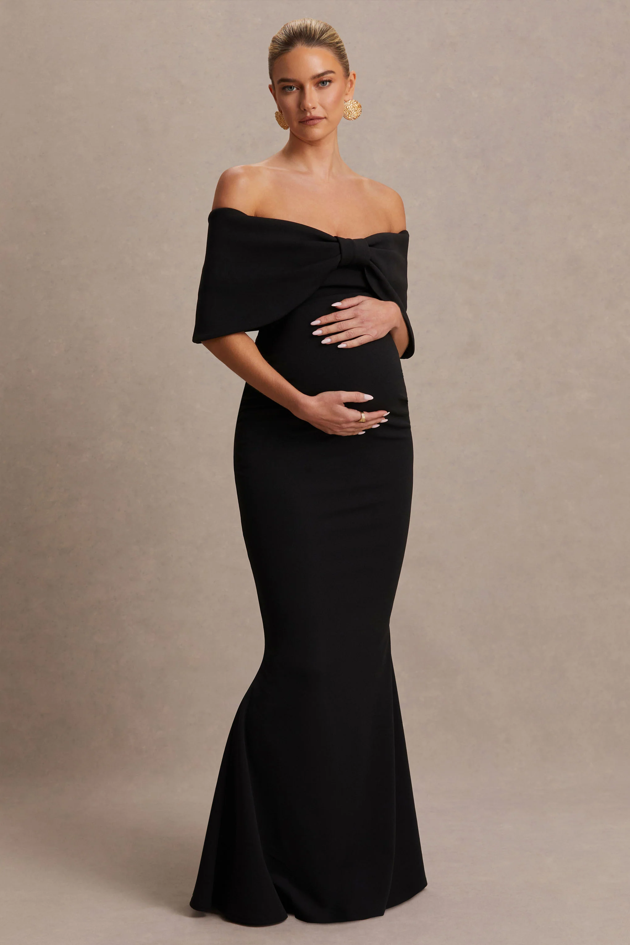 Libra | Black Bow Bardot Maternity Maxi Dress
