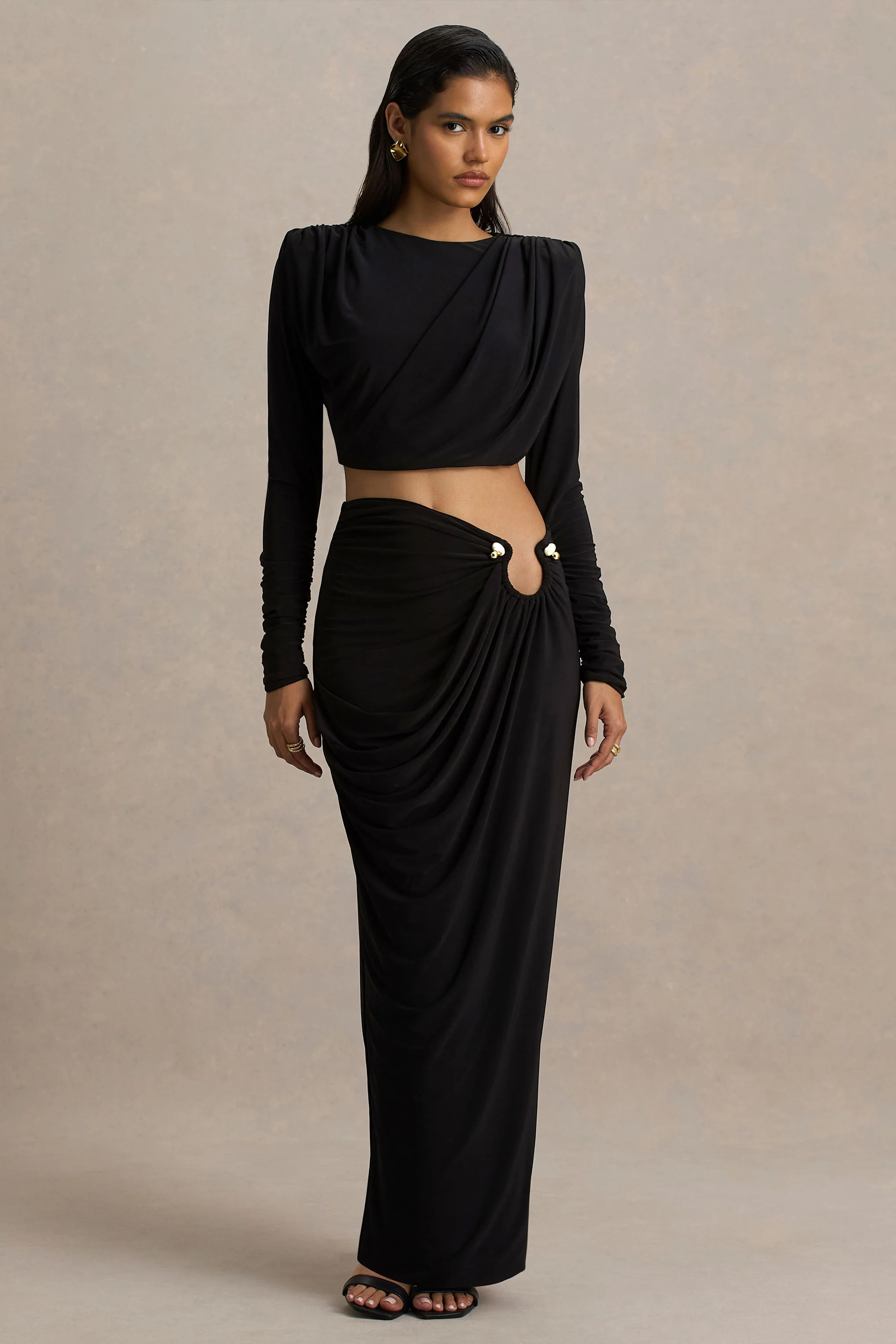 Avaline | Black Wrap Maxi Skirt With Ruched Detailing