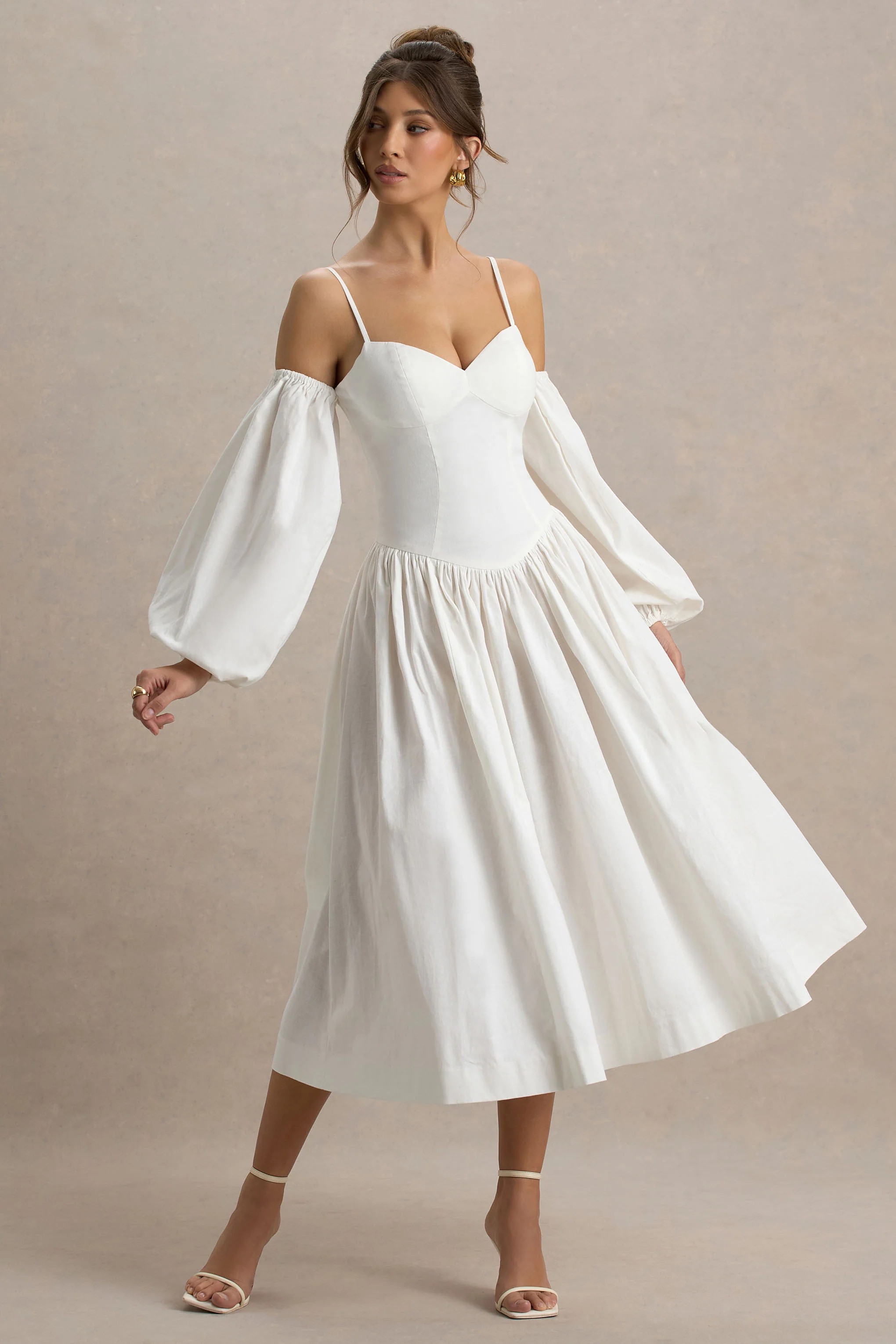 Macie | Cream Sweetheart Midi Dress With Balloon Sleeves