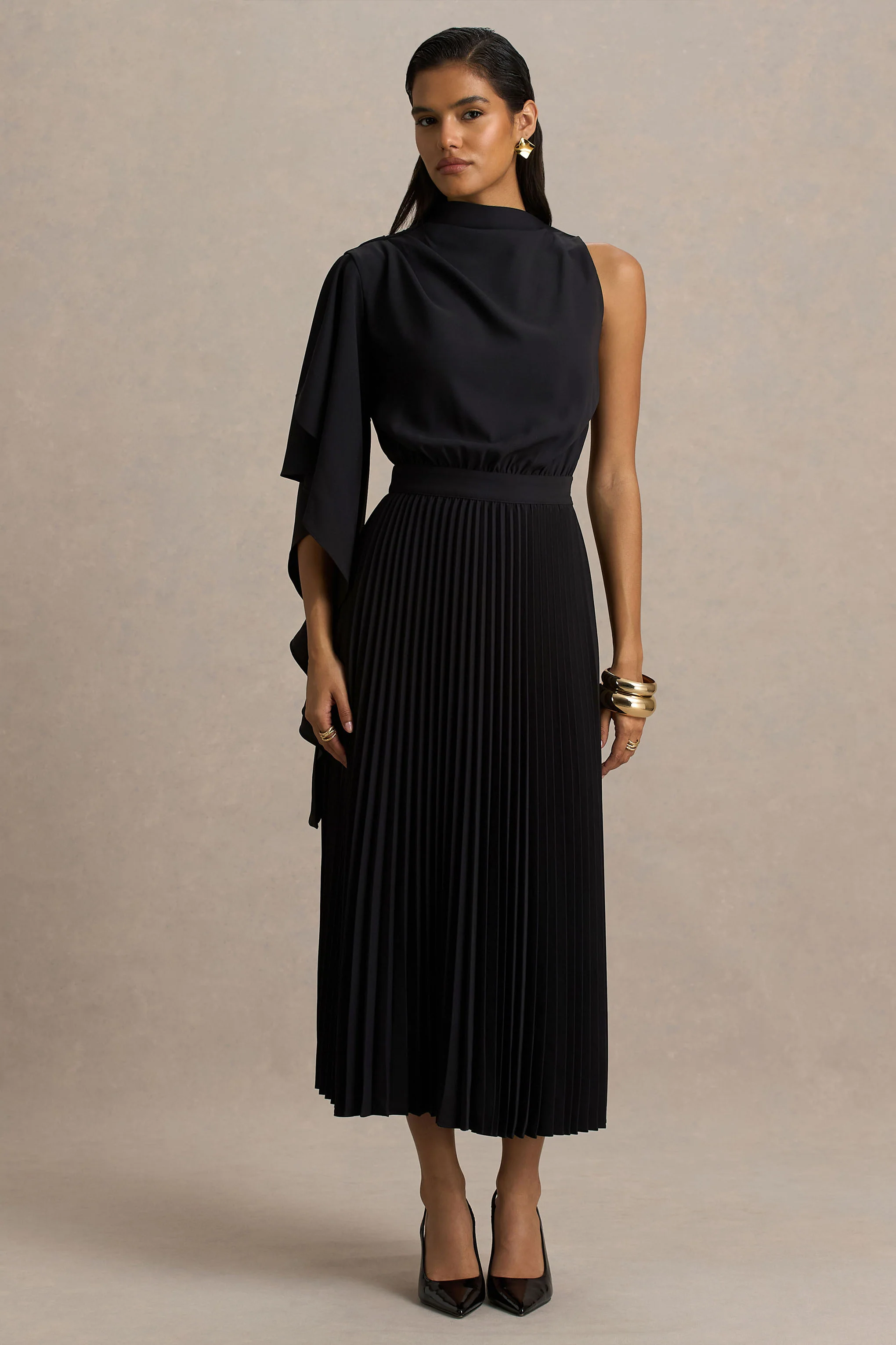 Jimena | Black High-Neck Midi Dress With One-Long Sleeve And Pleated Detailing