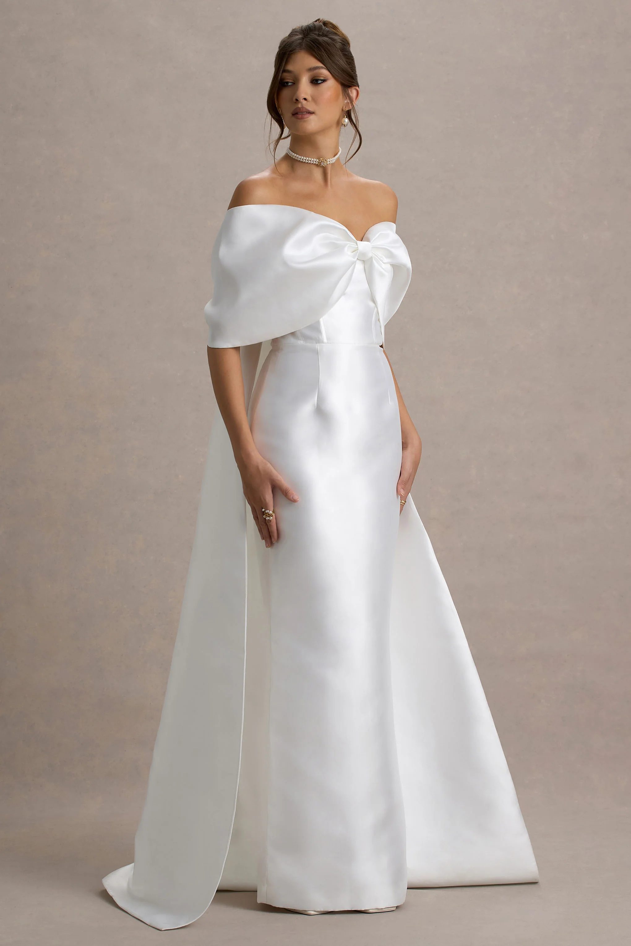 Wanting More | Off White Satin Cape Maxi Dress With Oversized Bow