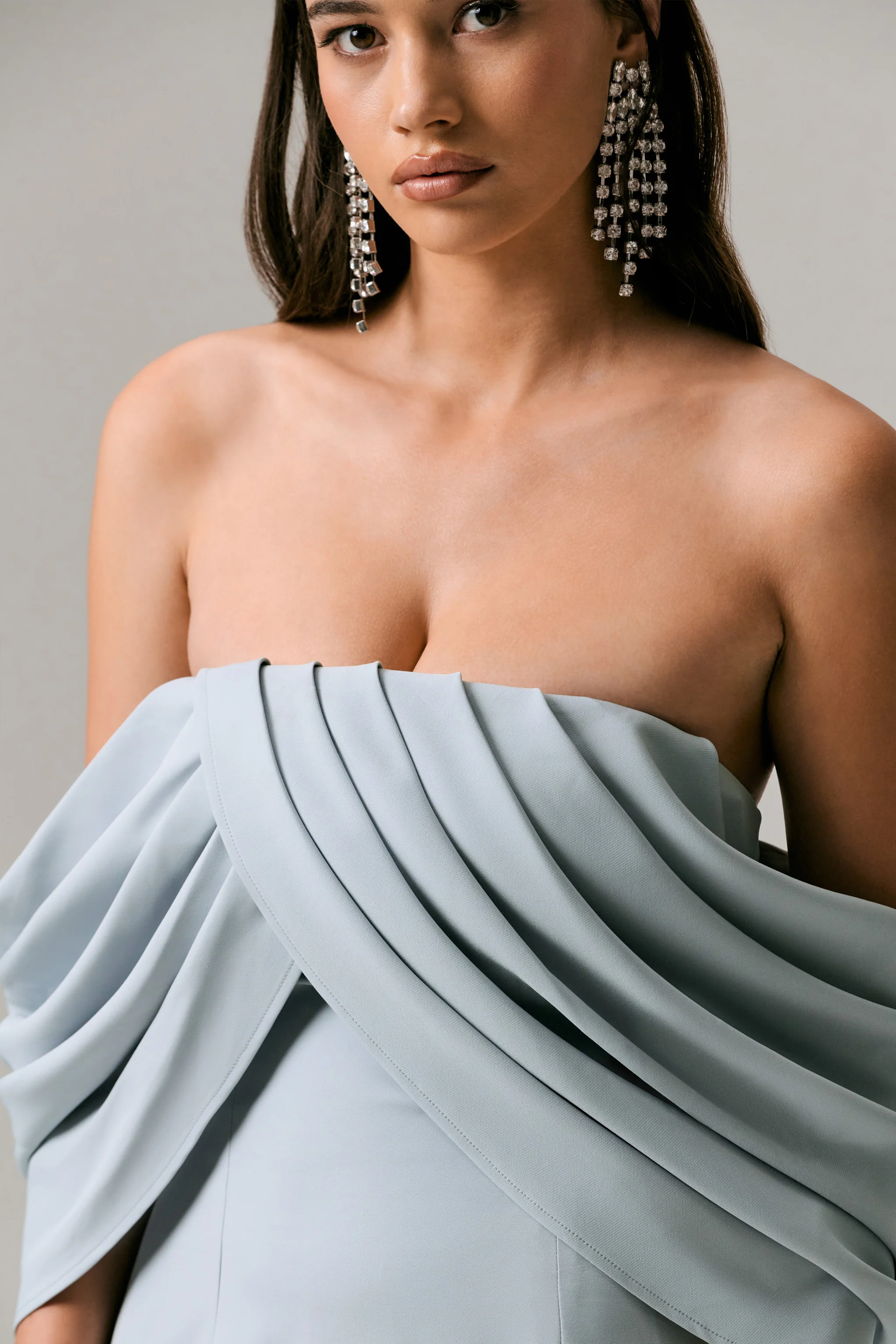 Serene | Powder Blue Draped Bardot Maxi Dress