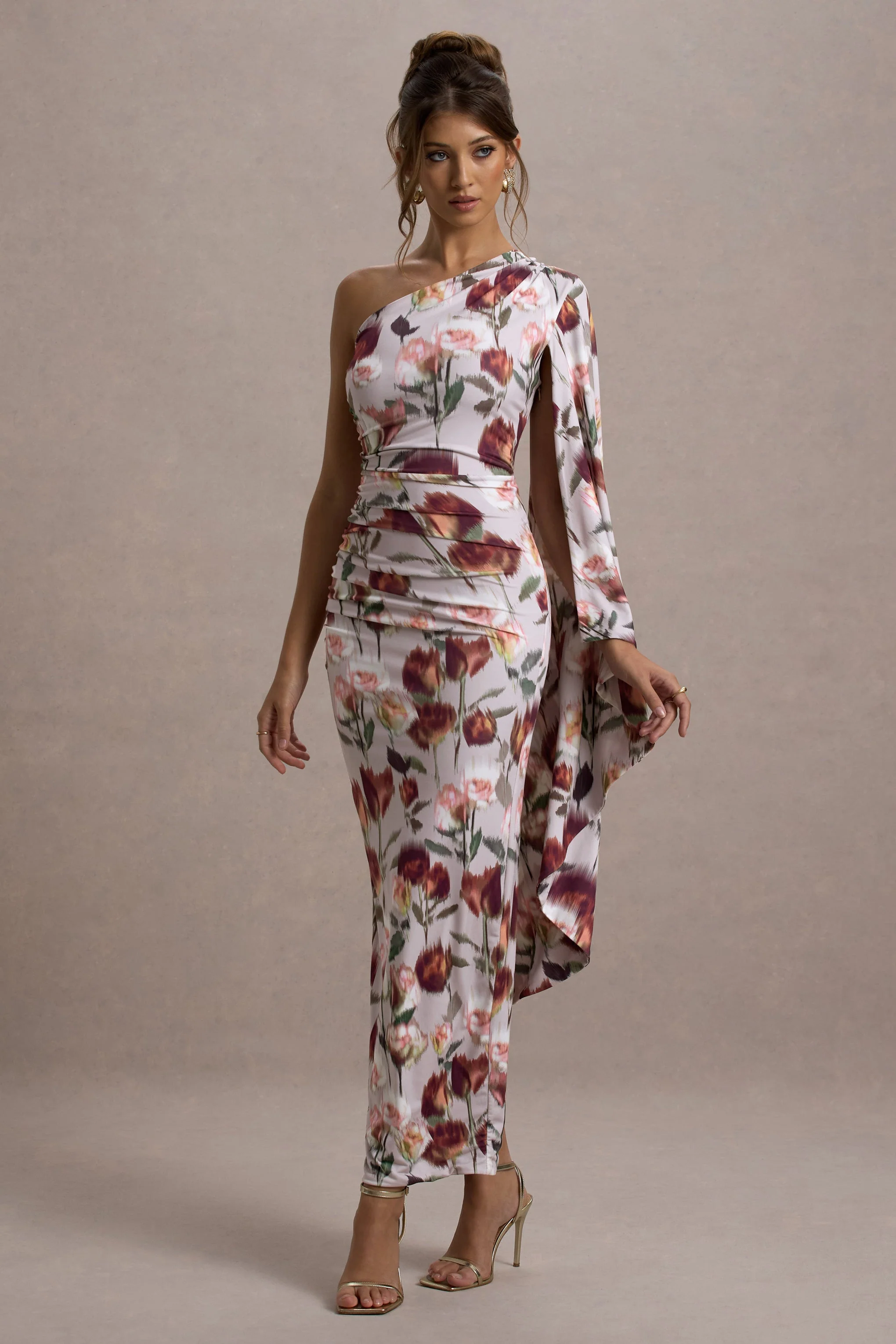 Clementina | Cream Floral Print Asymmetric Cape Sleeve Maxi Dress