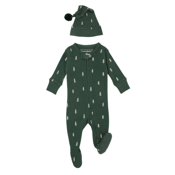 Pine Trees Organic Holiday 2-Way Zipper Footie & Cap Set