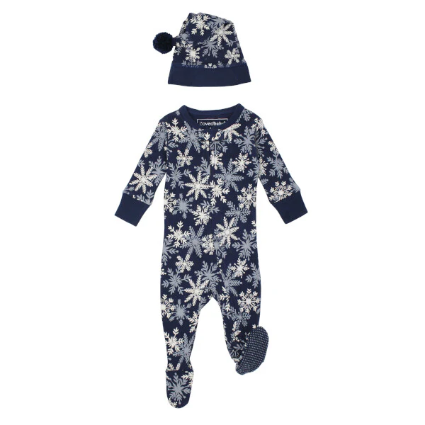 Snowflakes Organic Holiday 2-Way Zipper Footie & Cap Set