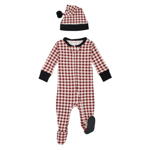Crimson Plaid Organic Holiday 2-Way Zipper Footie & Cap Set