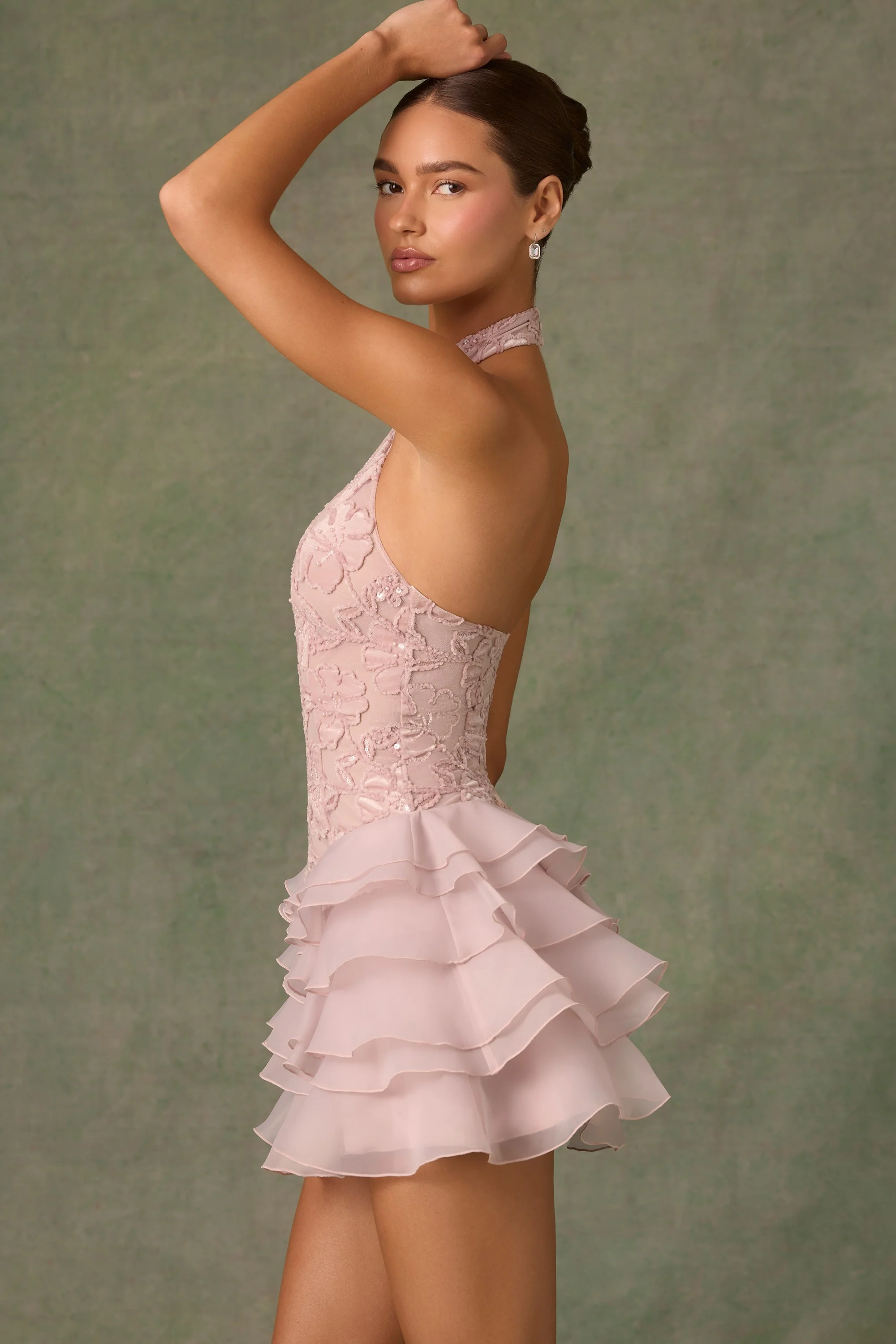 Embellished Ruffled Halterneck Mini Dress in Dusty Rose