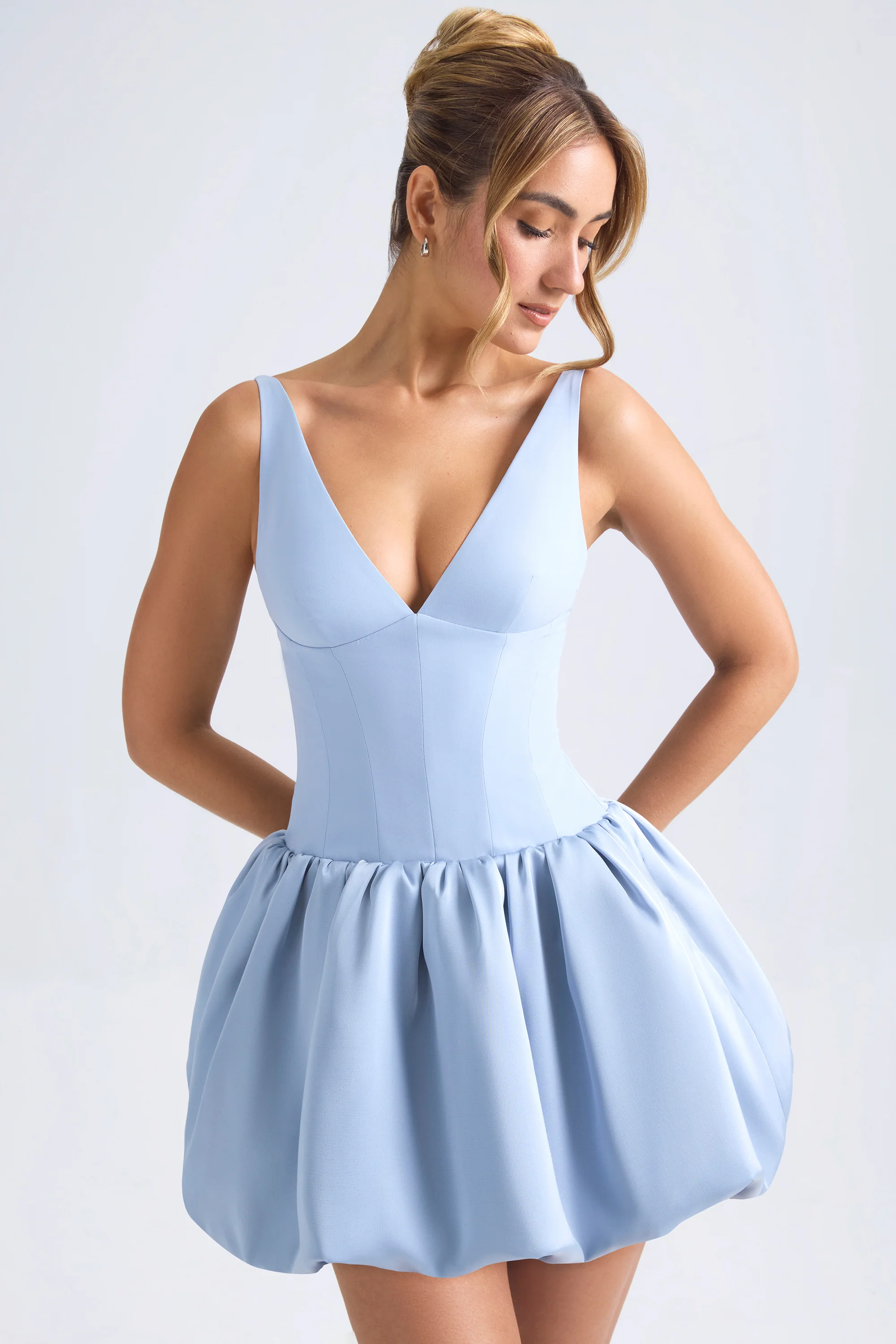 Lace-Up Bubble Hem Corset Micro Mini Dress in Light Blue
