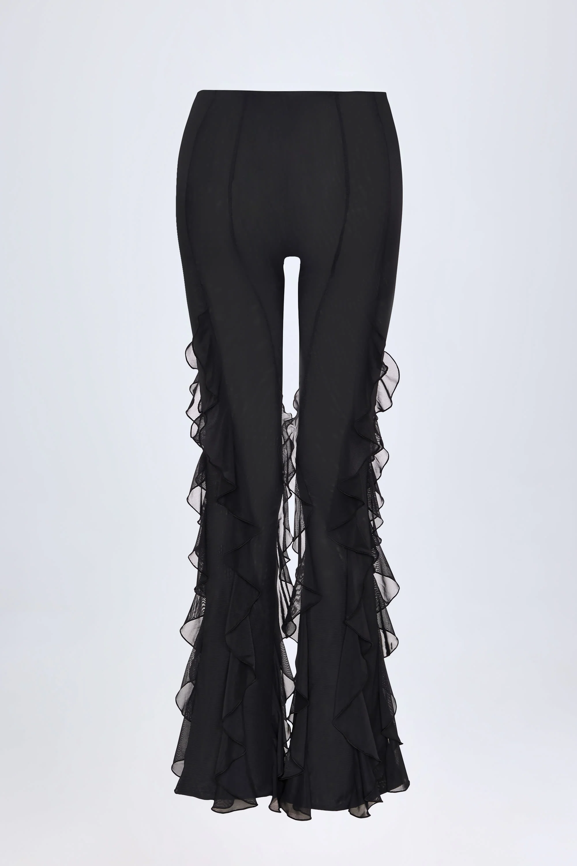 Ruffled Mid-Rise Flared Trousers in Black