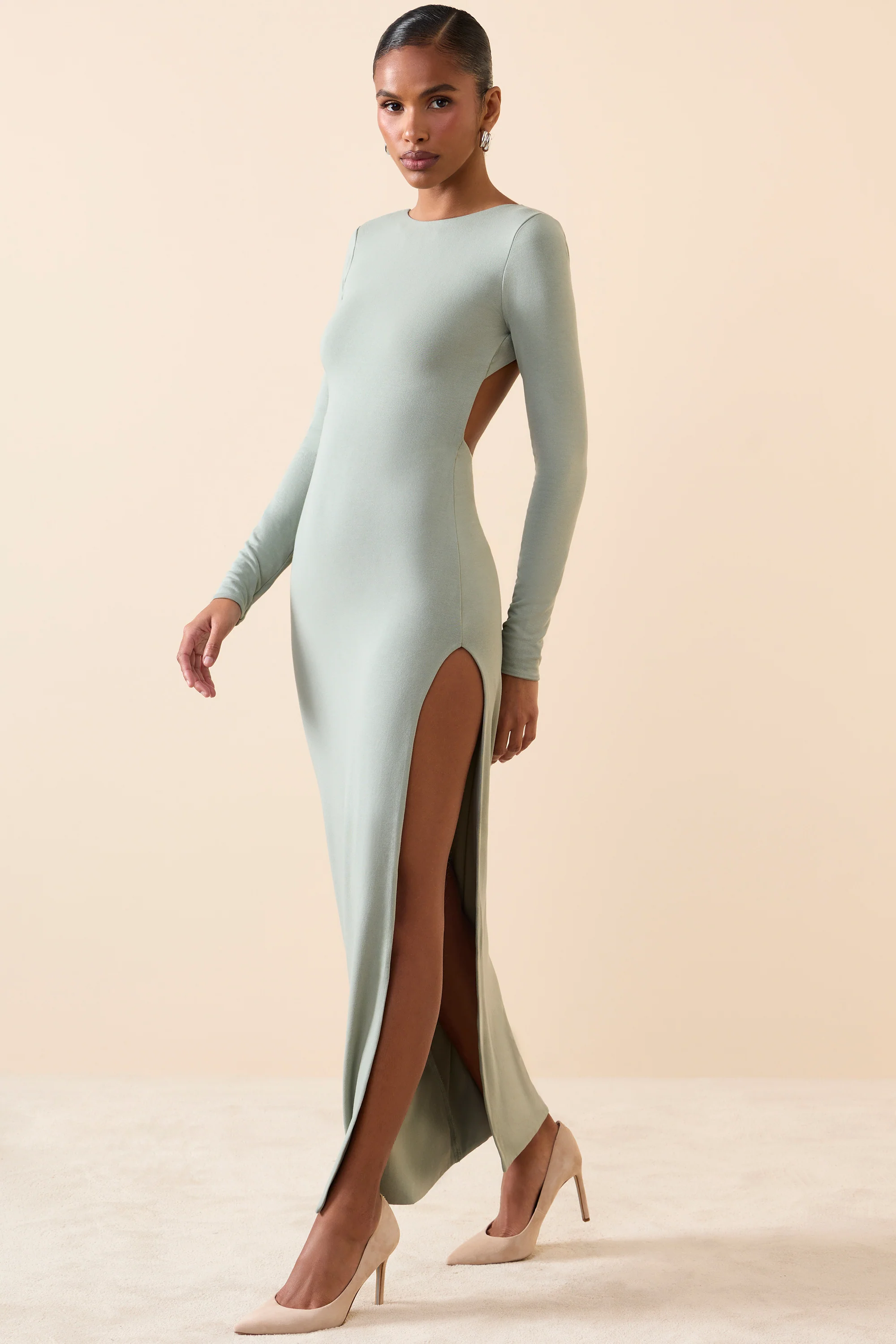 Modal Open-Back Long-Sleeve Maxi Dress in Smoke Green