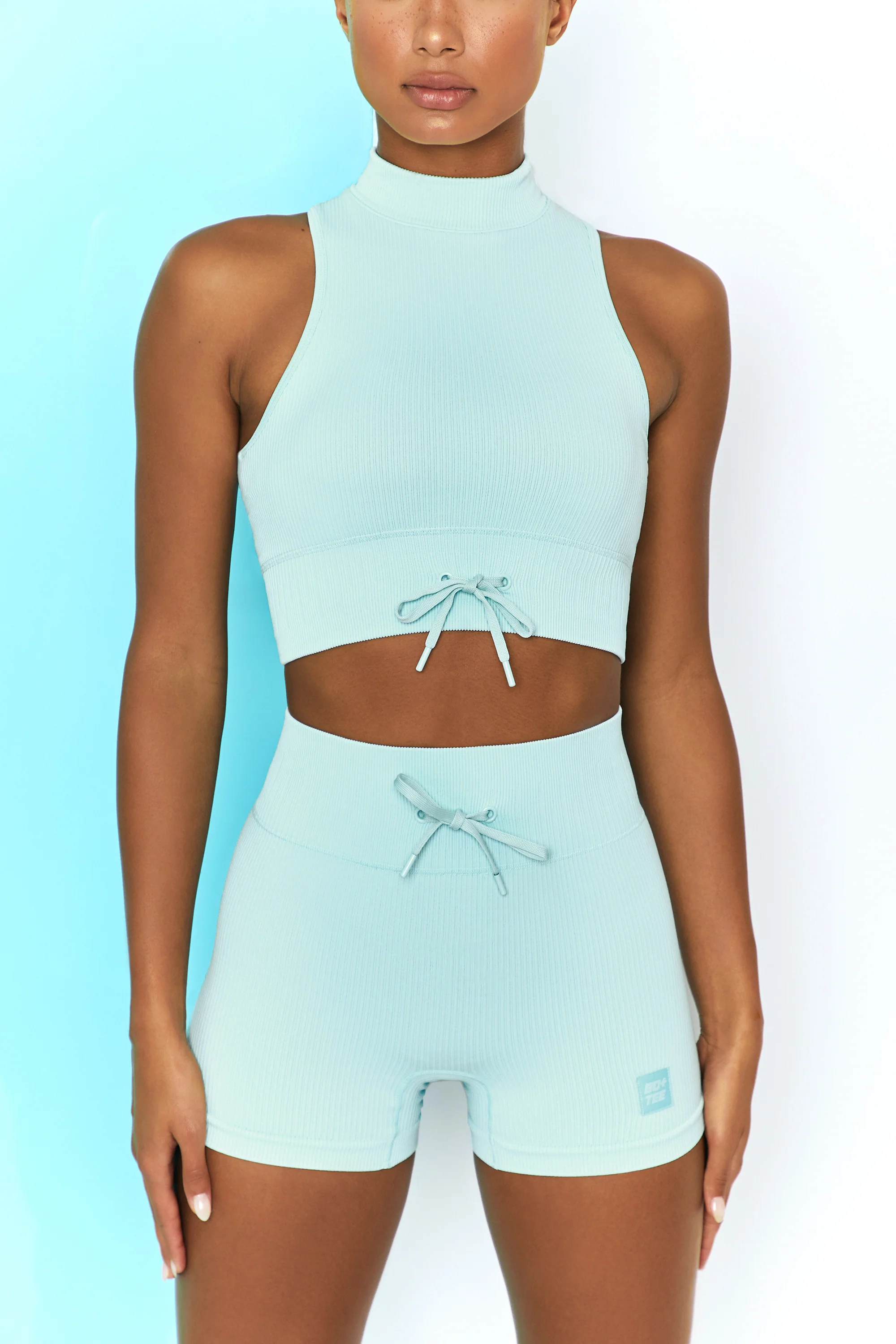 Ribbed Tie Front Mini Shorts in Light Blue