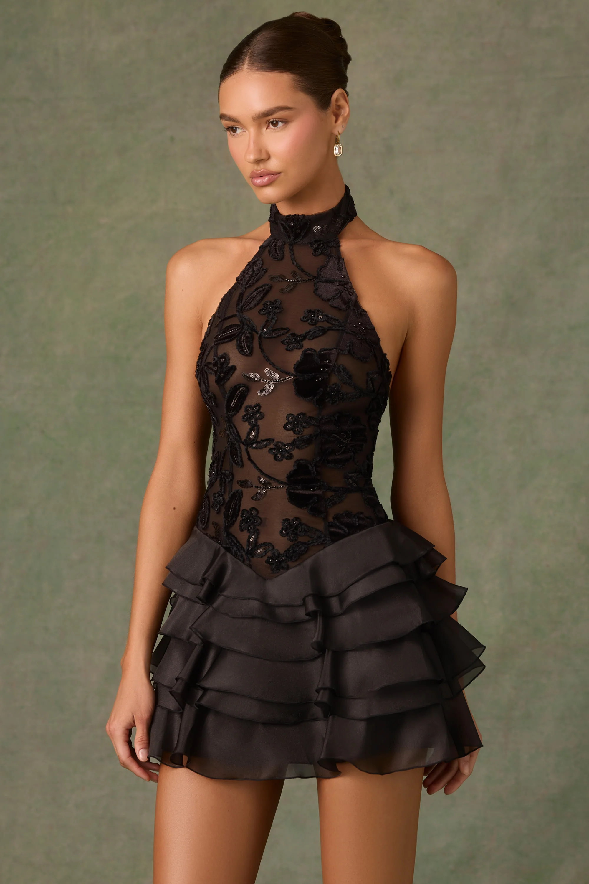 Embellished Ruffled Halterneck Mini Dress in Black