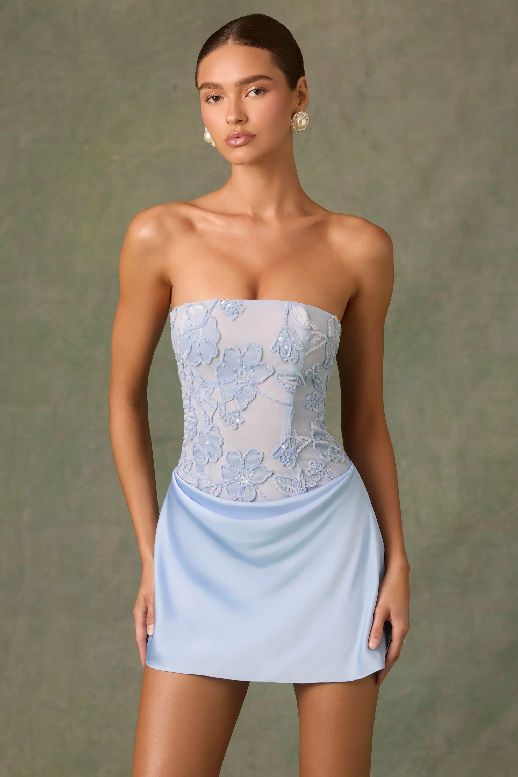 Embellished Draped Strapless A-Line Mini Dress in Sky Blue