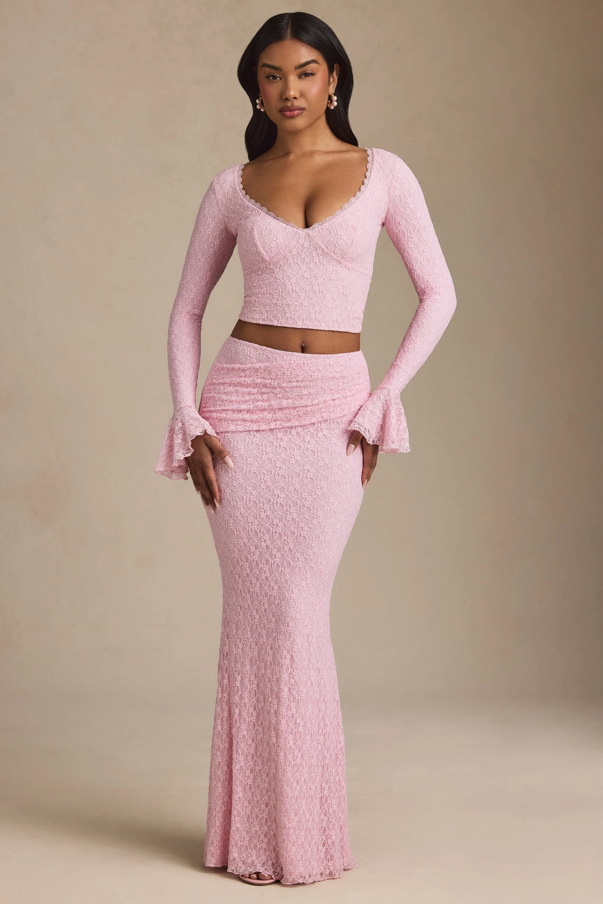Ruffle Long-Sleeve Lace Top in Soft Pink
