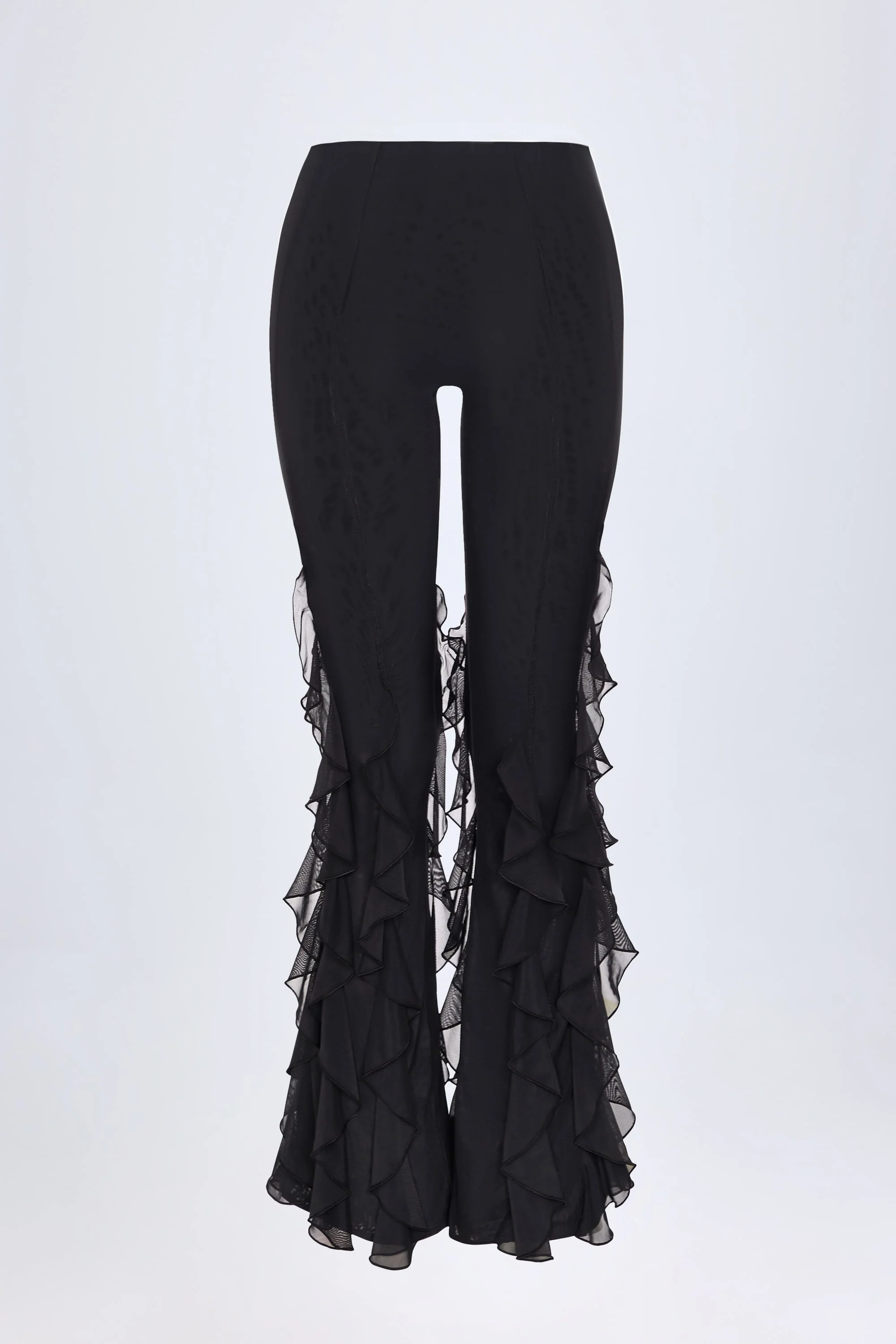 Ruffled Mid-Rise Flared Trousers in Black