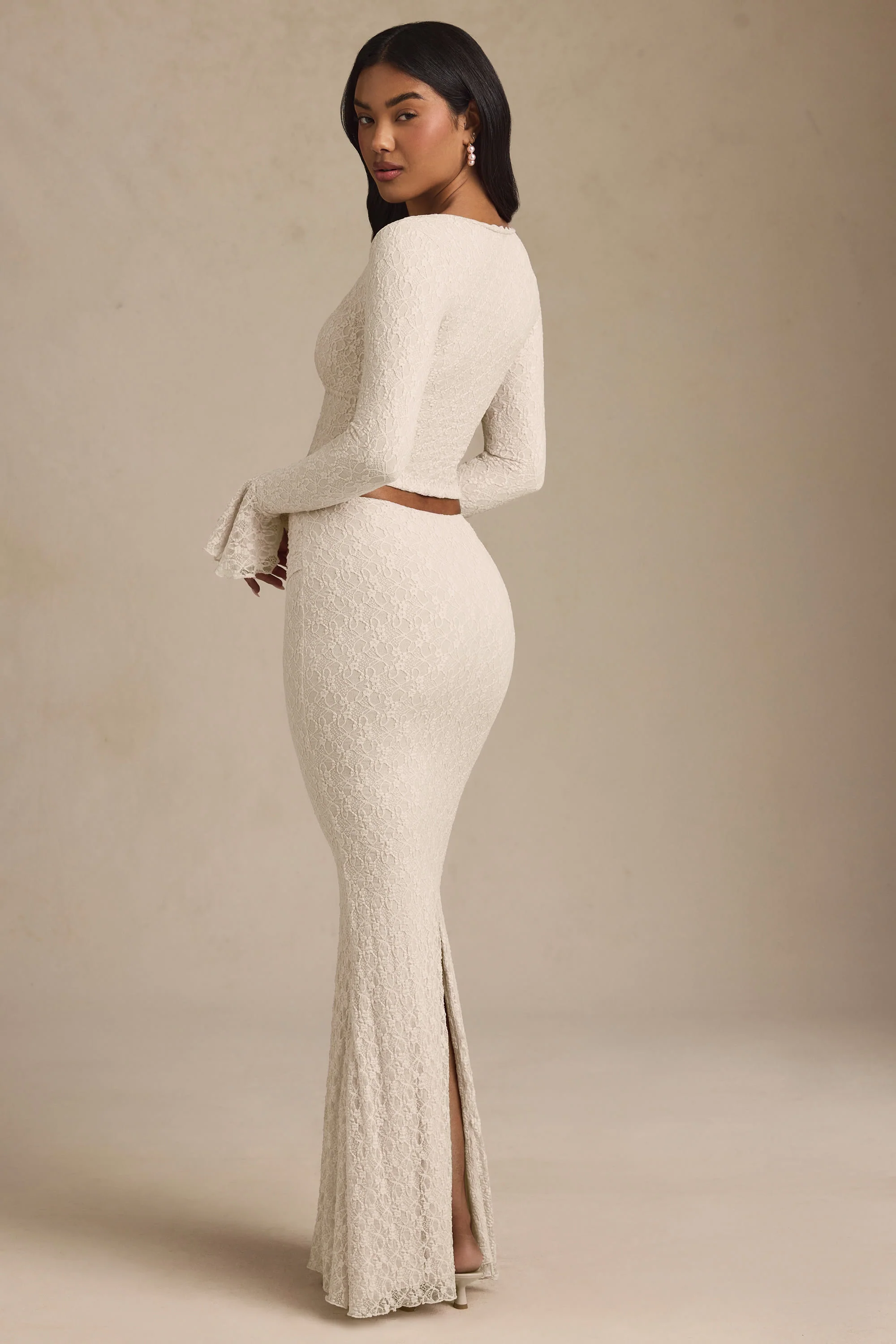 Draped Low-Rise Lace Maxi Skirt in Ivory