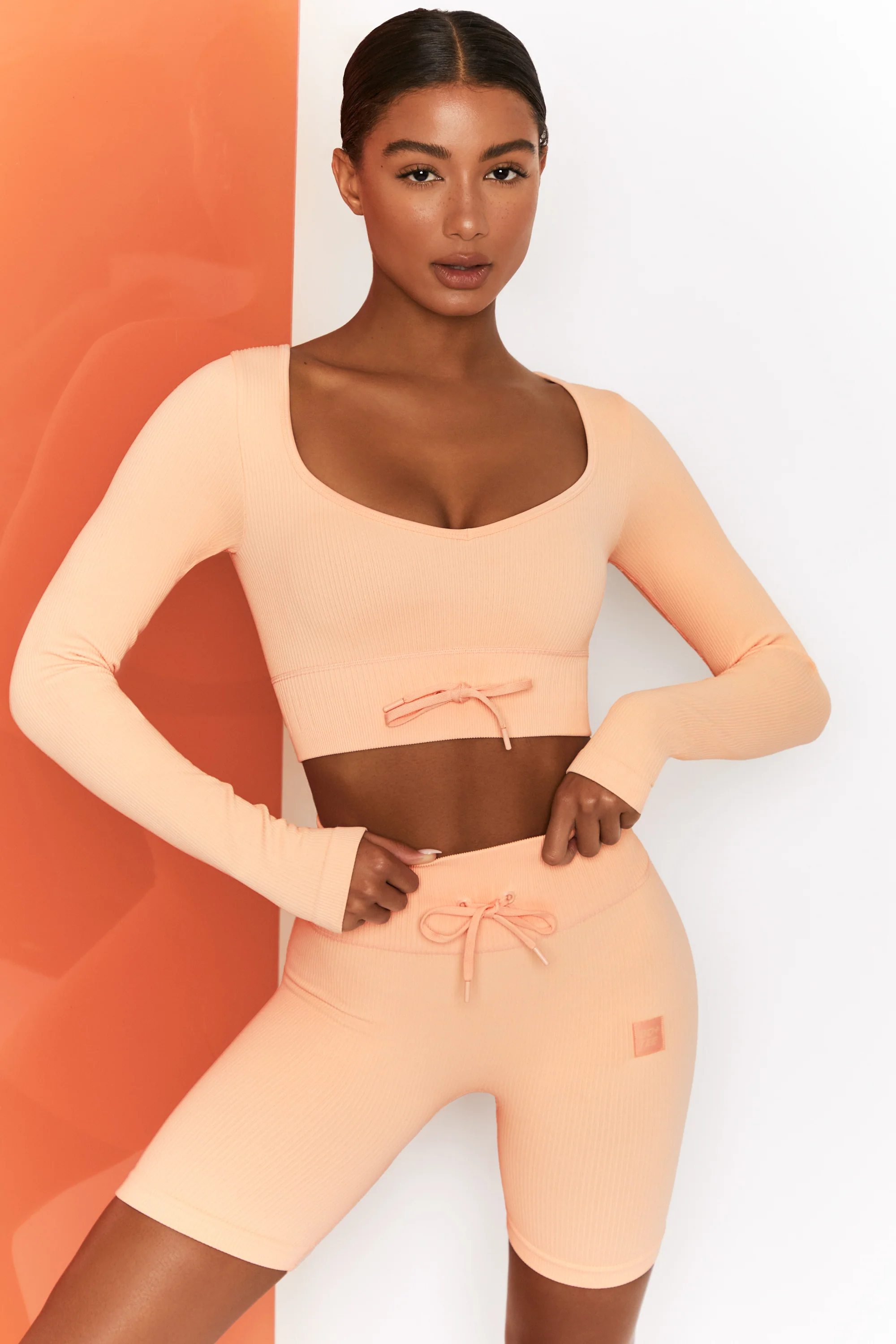 Time Check Ribbed Long Sleeve Crop Top in Peach