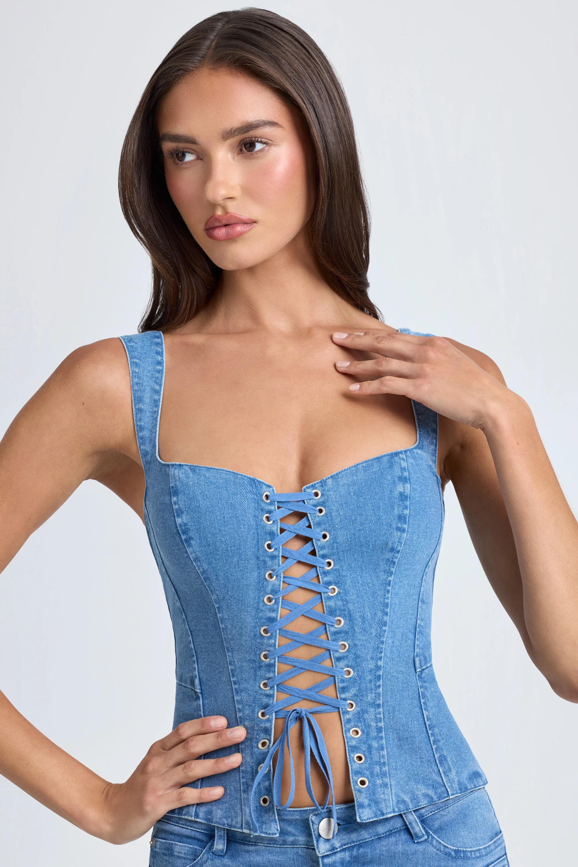 Lace-Up Corset Top in Mid Blue Stonewash