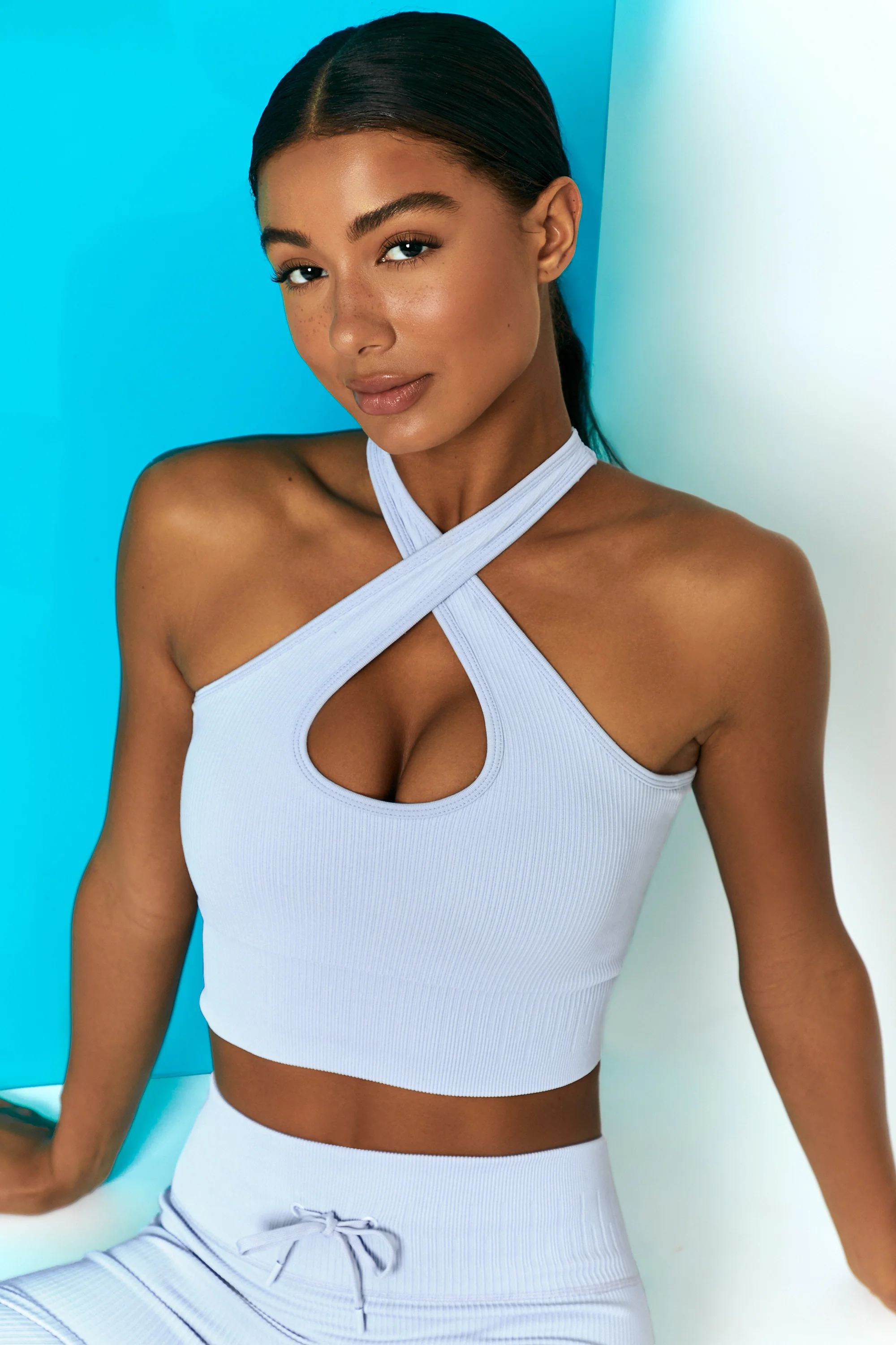 Ribbed Halter Crop Top in Cool Blue