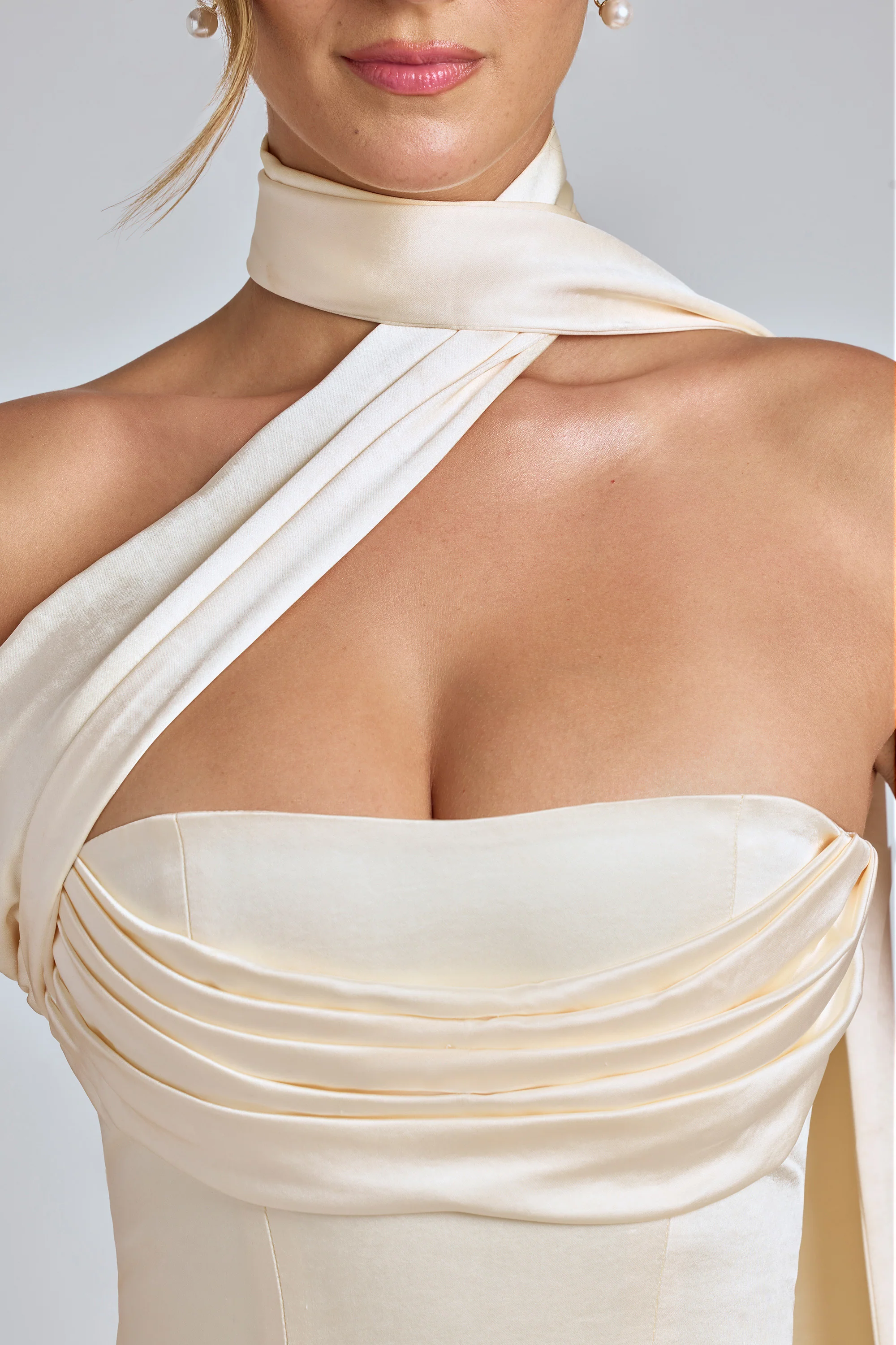 Draped Halterneck Satin Mini Dress in Ivory