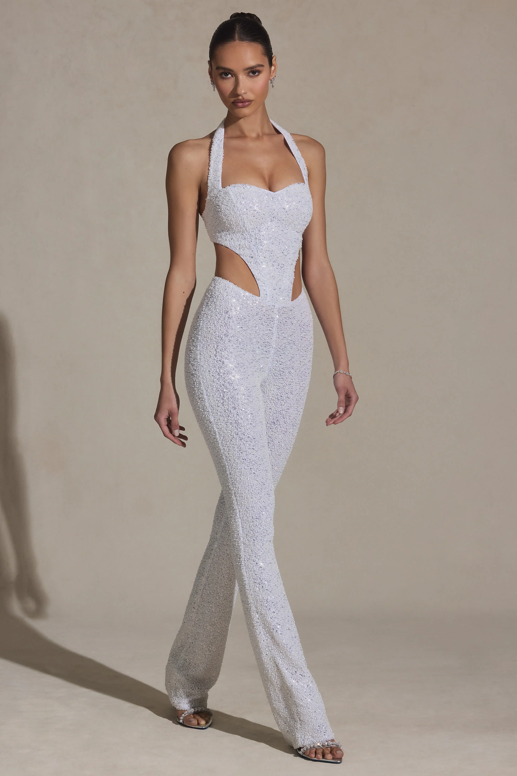 Embellished Cut-Out Jumpsuit in White