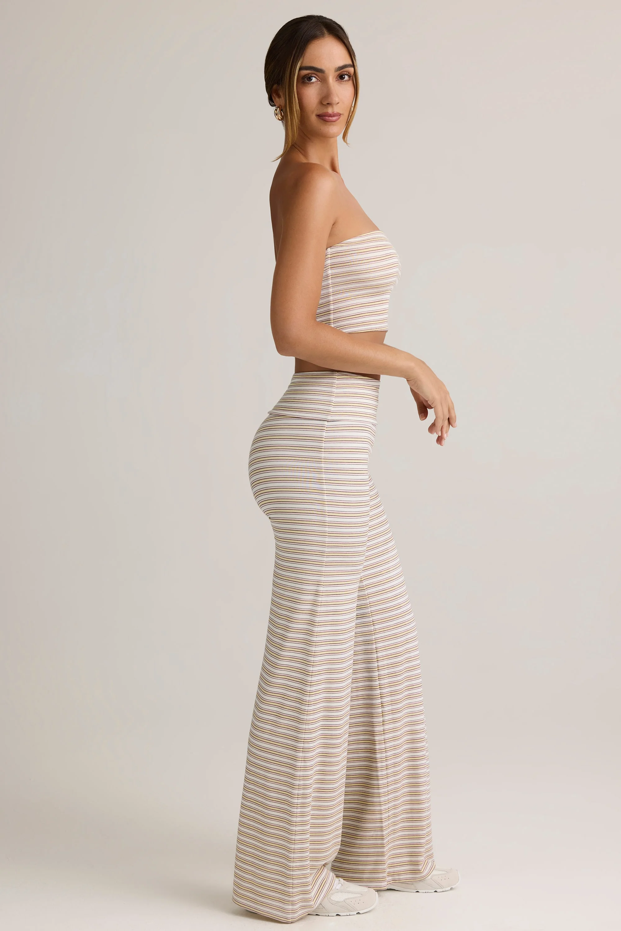 Modal Ribbed Foldover Wide-Leg Trousers in Pink & Yellow Stripe