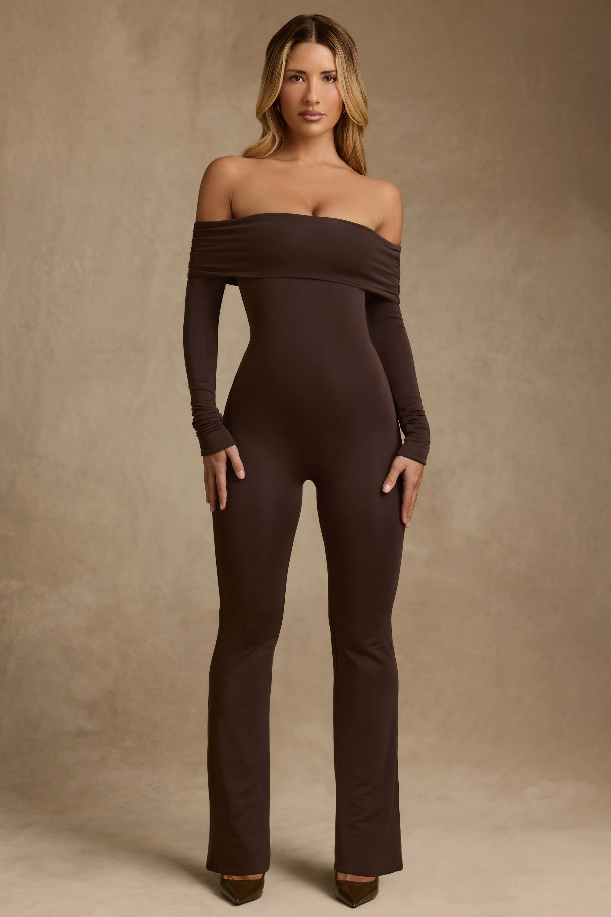 Modal Off-Shoulder Jumpsuit in Chocolate Brown
