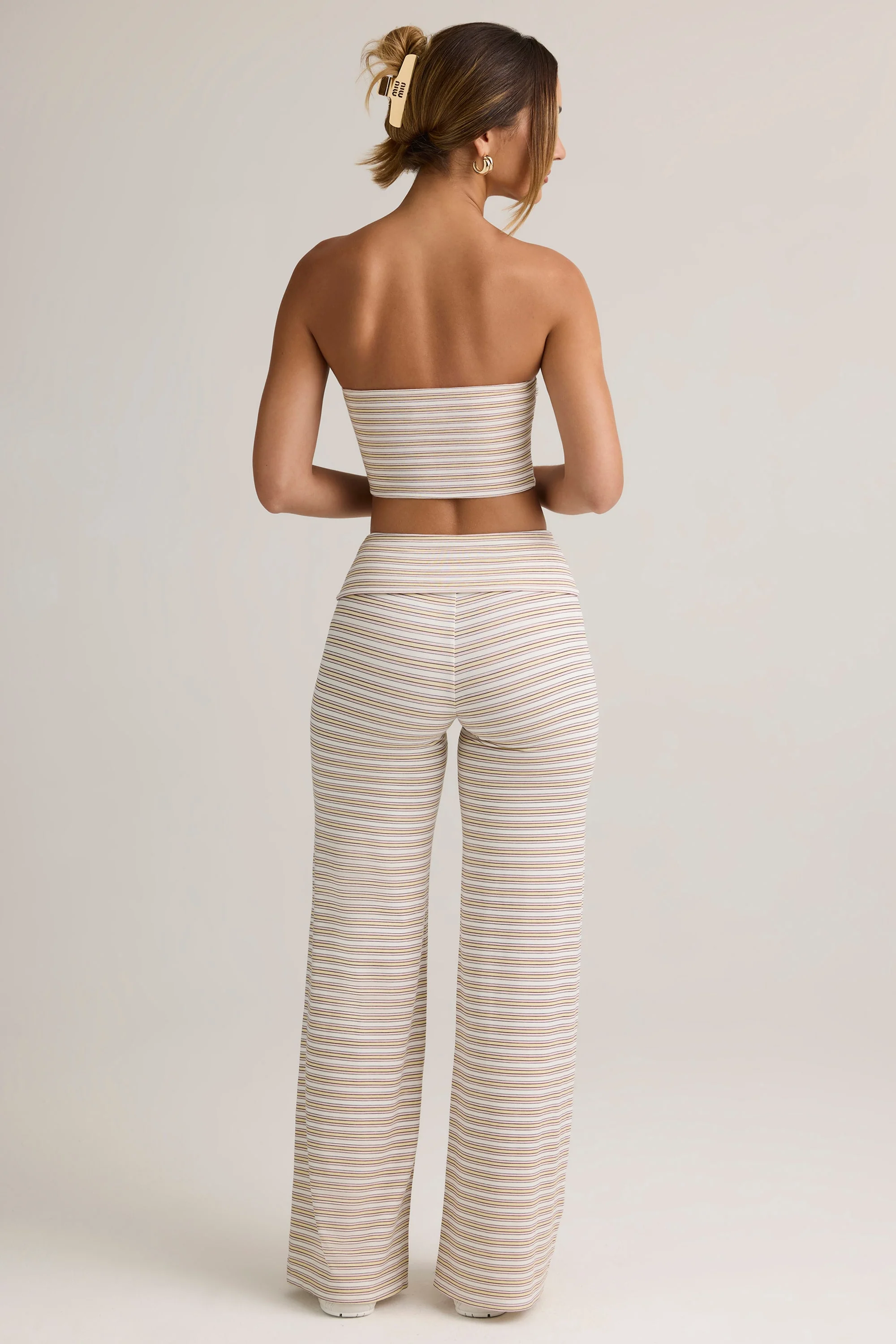 Modal Ribbed Foldover Wide-Leg Trousers in Pink & Yellow Stripe