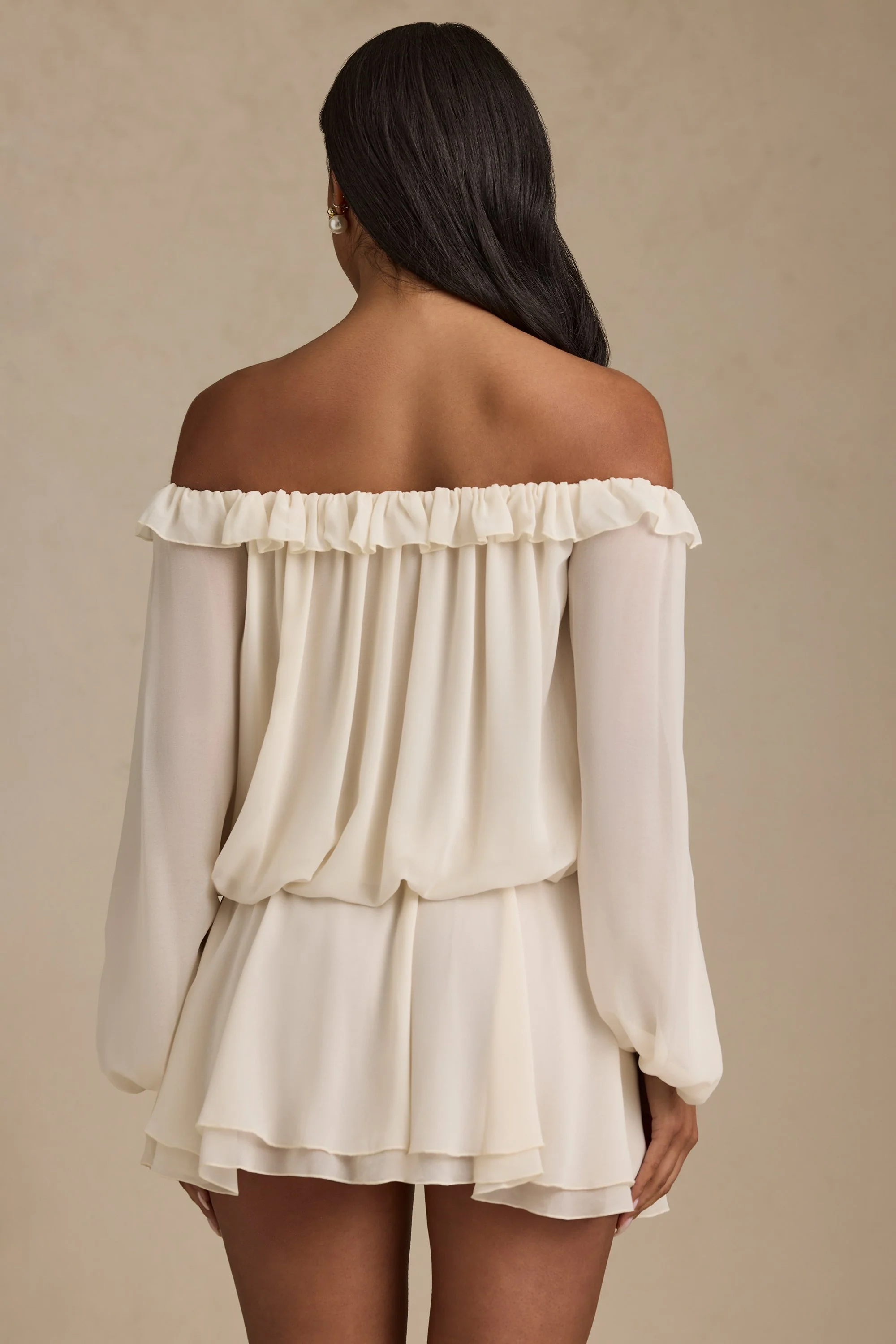 Off-Shoulder Asymmetric Balloon-Sleeve Mini Dress in Ivory