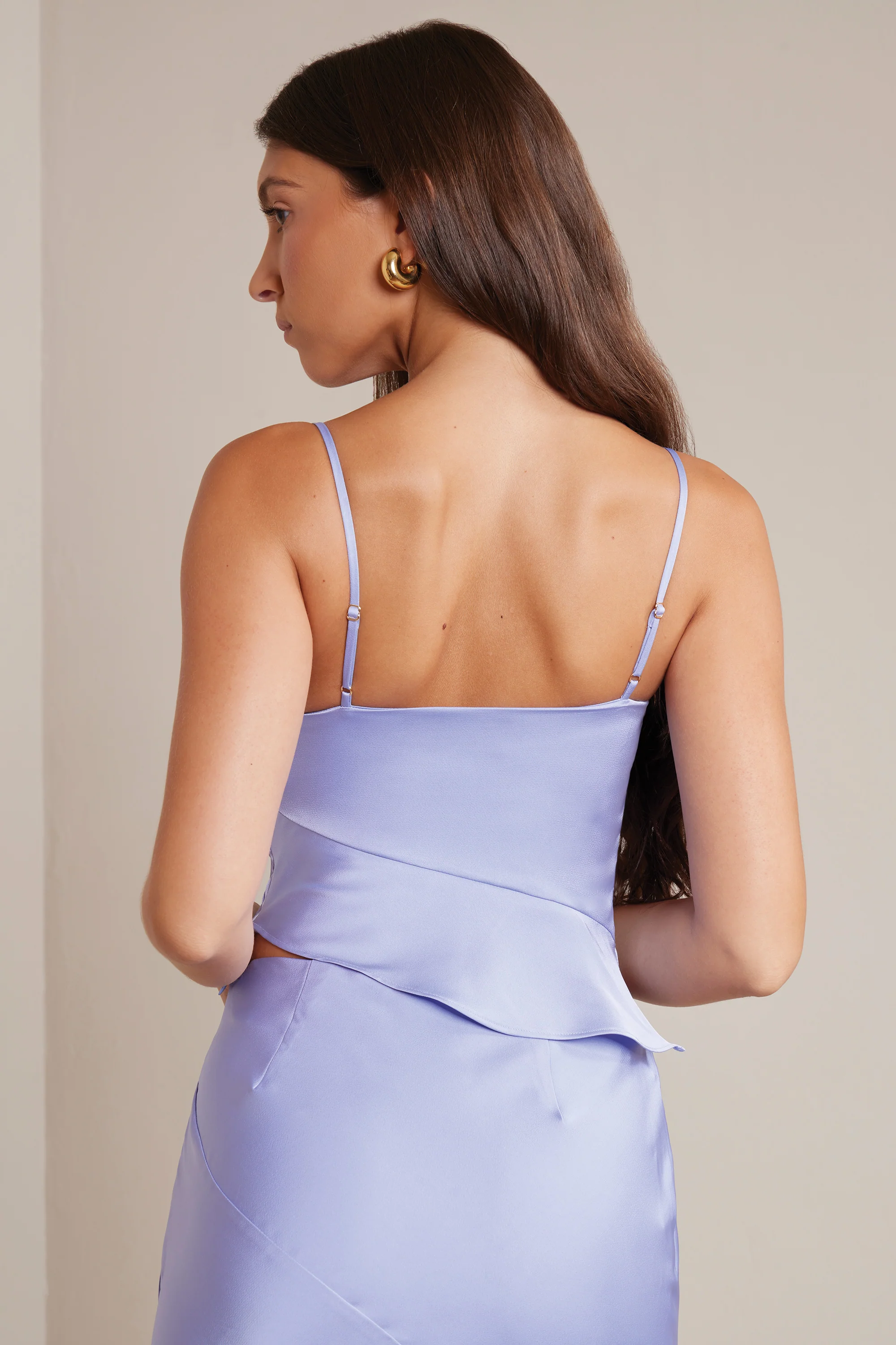 Bias Cut Satin Cowl Neck Crop Top in Periwinkle