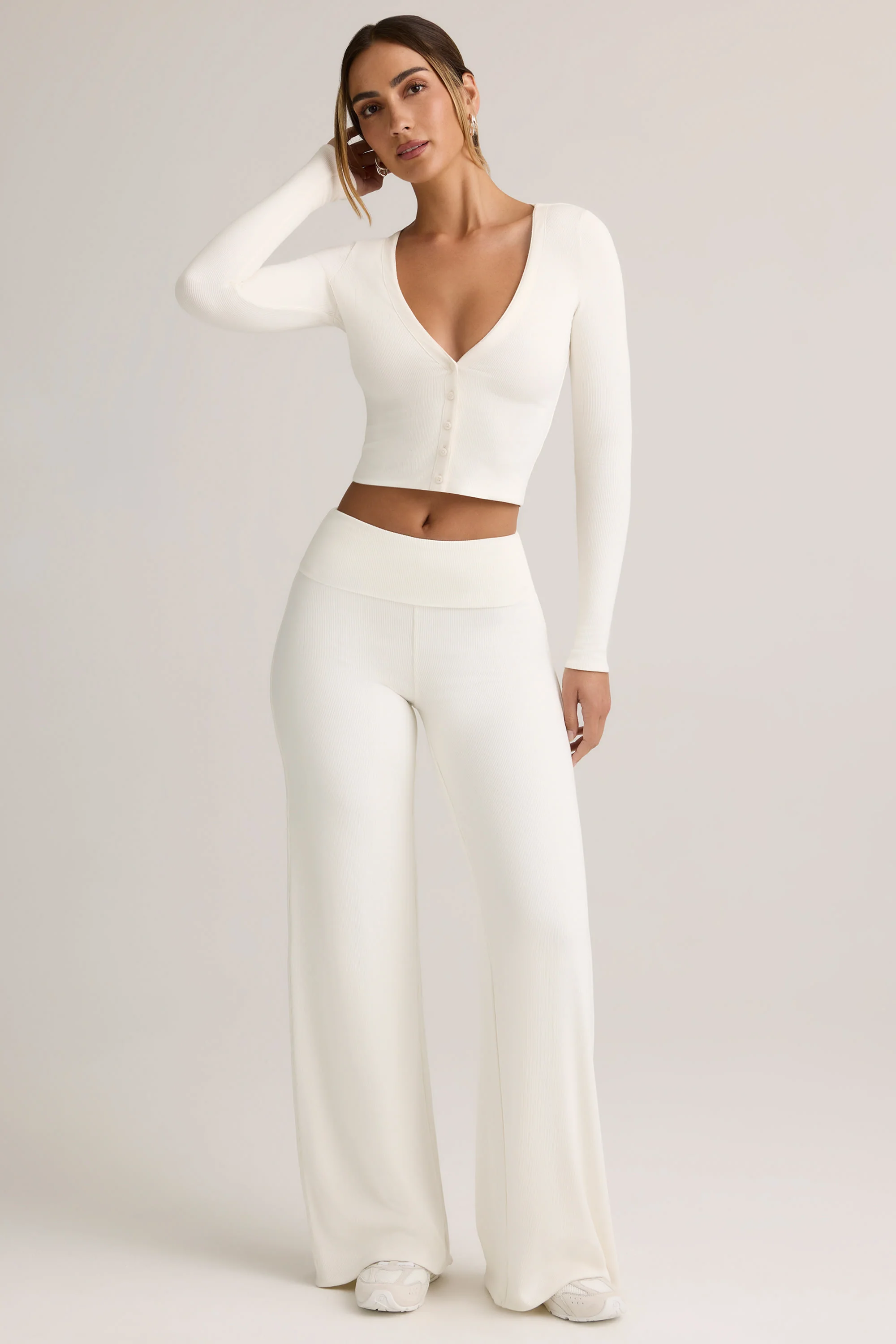 Modal Ribbed Foldover Wide-Leg Trousers in White
