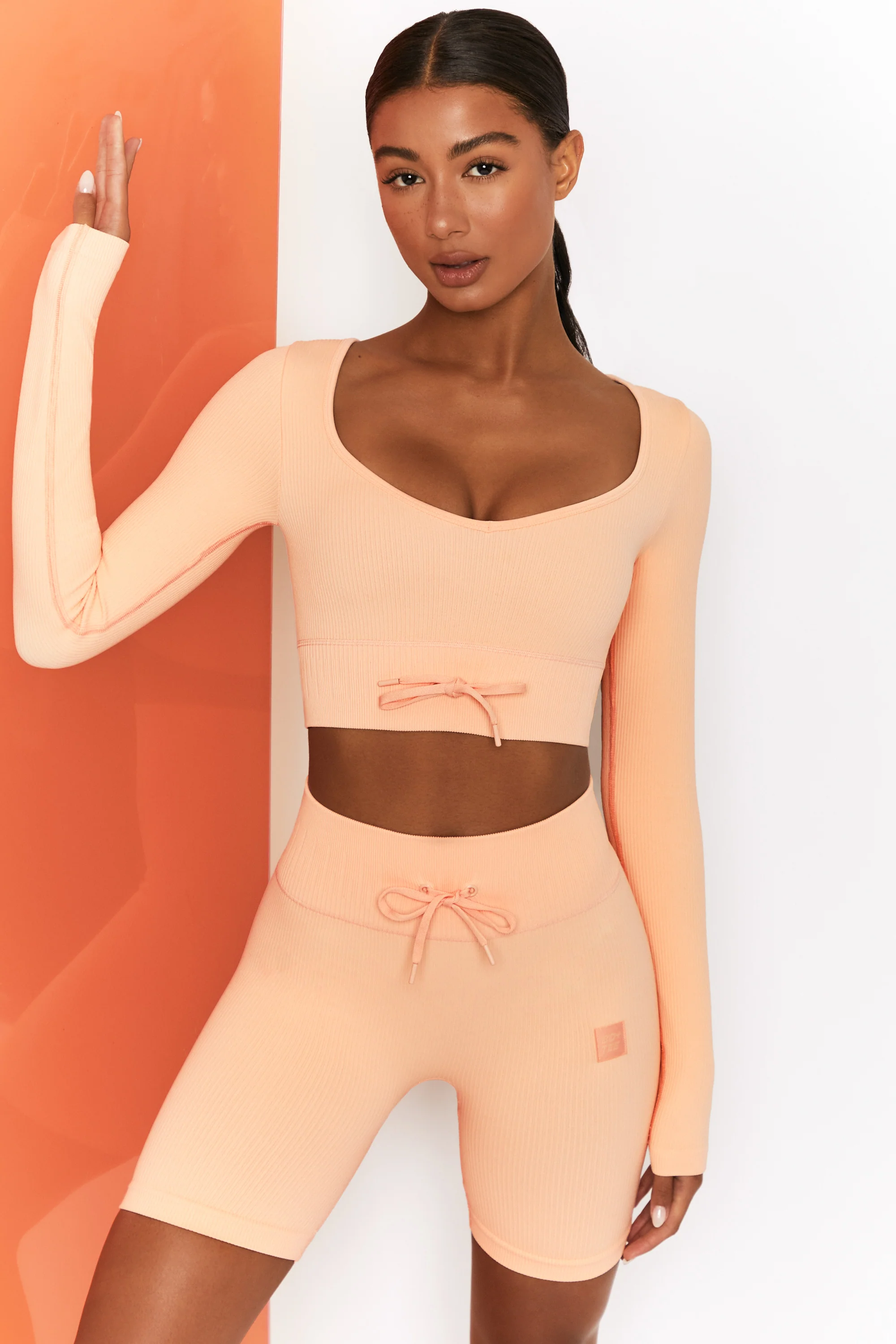 Time Check Ribbed Long Sleeve Crop Top in Peach