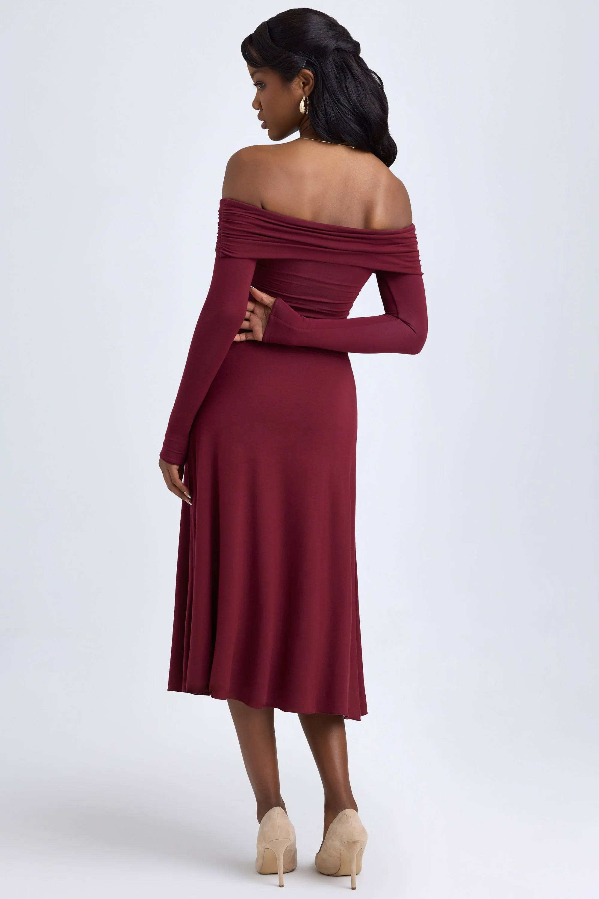 Modal Off-Shoulder Ruched Midaxi Dress in Wine Red