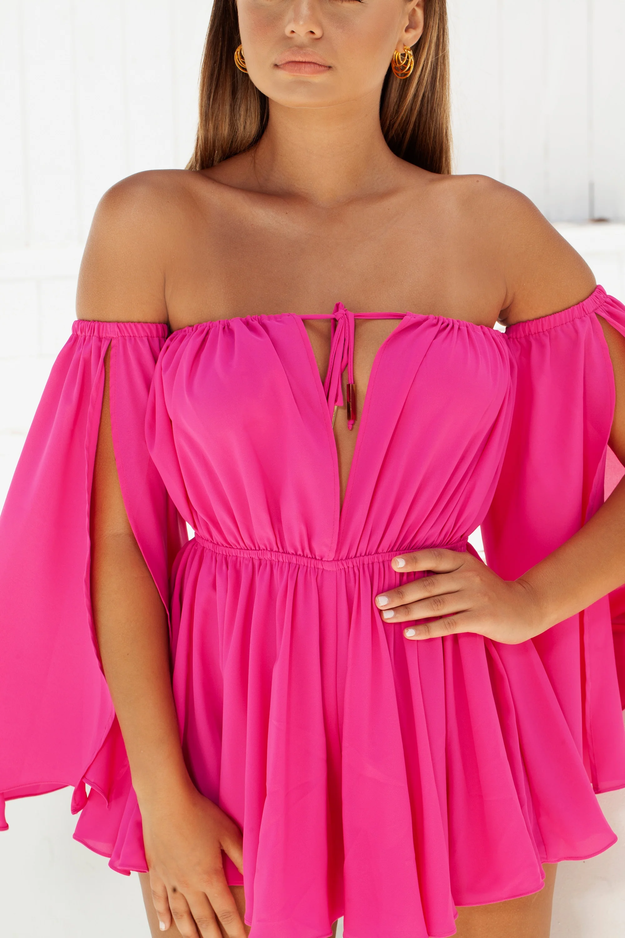 Pleat Wave Relaxed Fit Bardot Off The Shoulder Playsuit in Pink