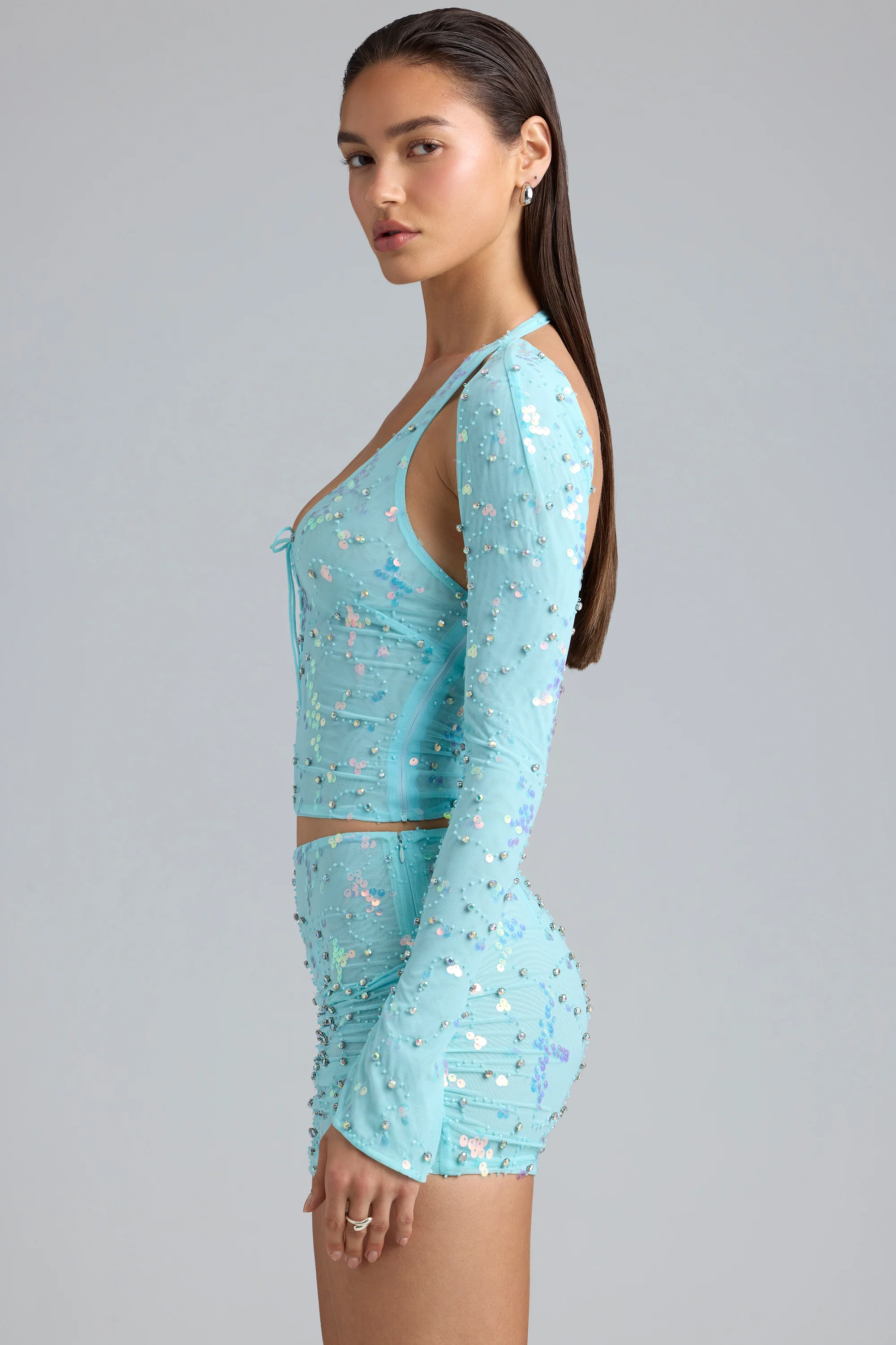 Embellished Cut-Out Halterneck Top in Ice Blue