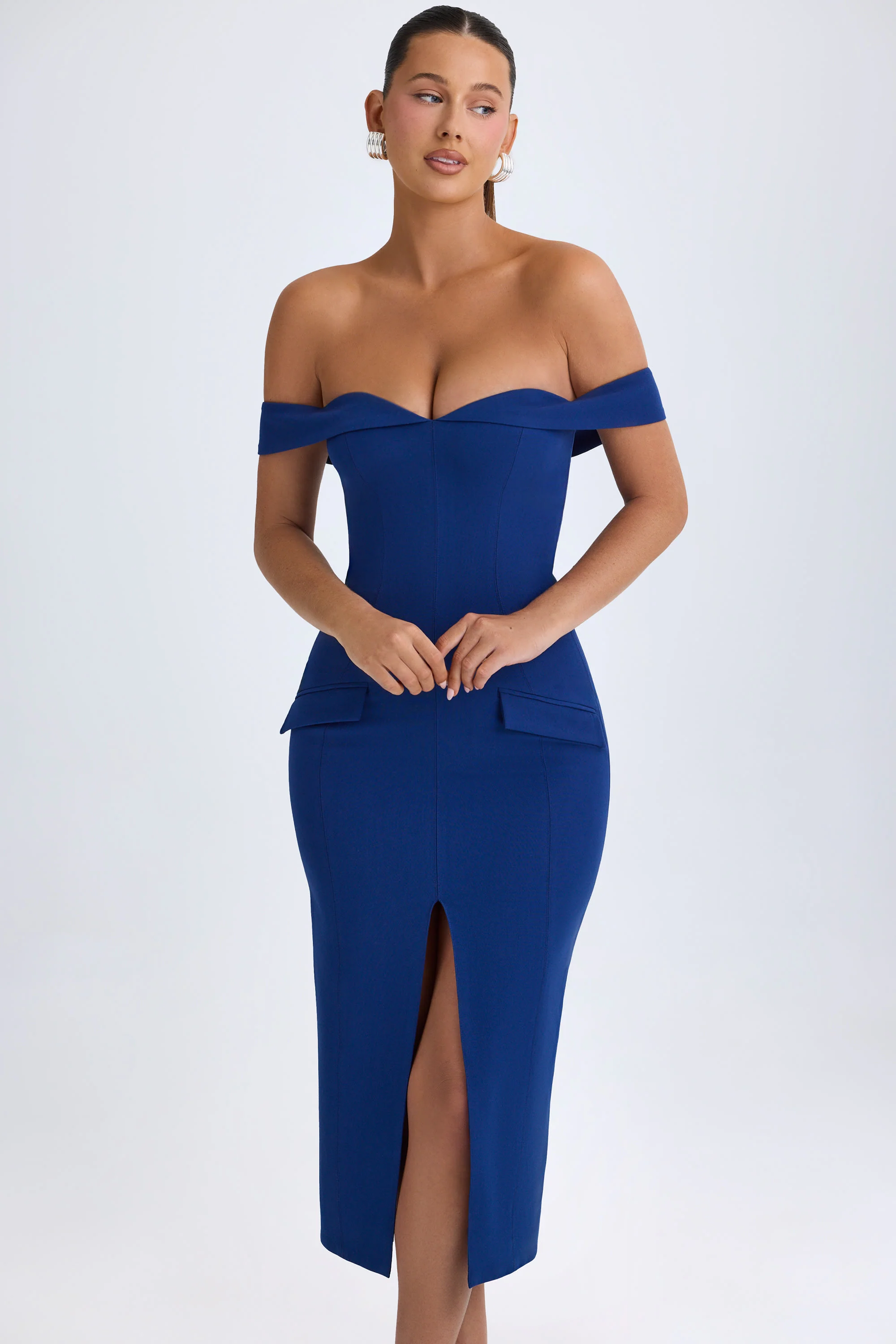Off-Shoulder Midaxi Dress in True Navy