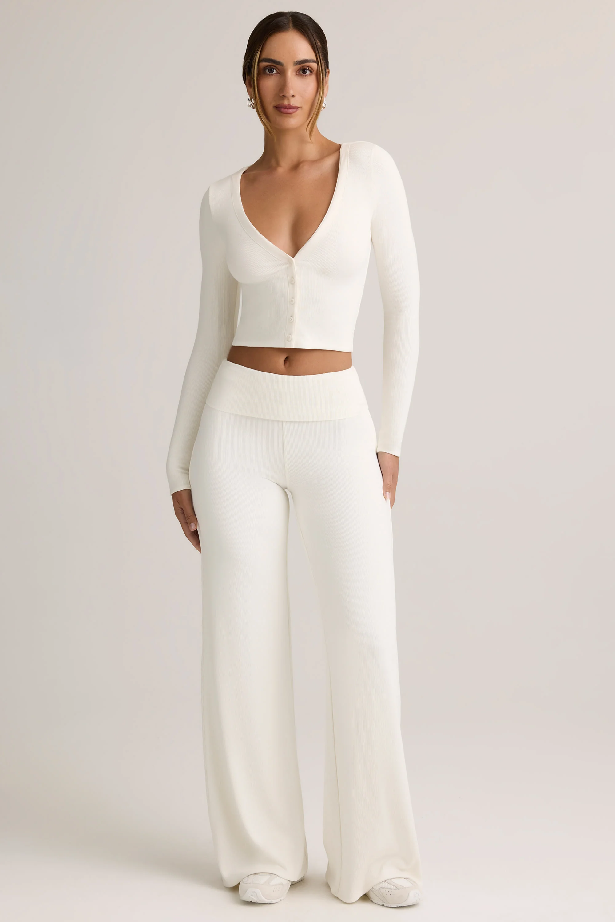 Modal Ribbed Foldover Wide-Leg Trousers in White