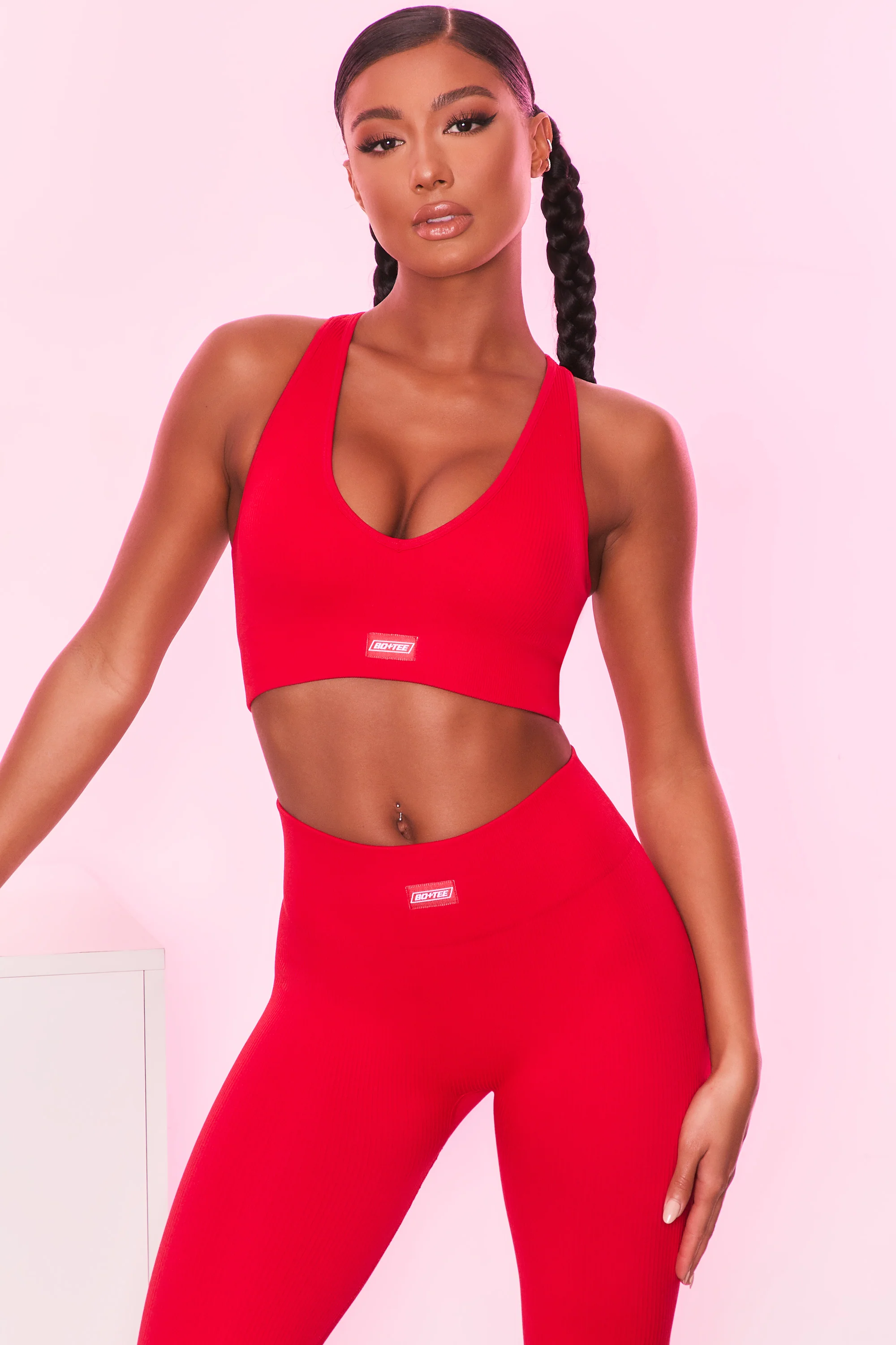 Ribbed Plunge Neck Sports Bra in Red