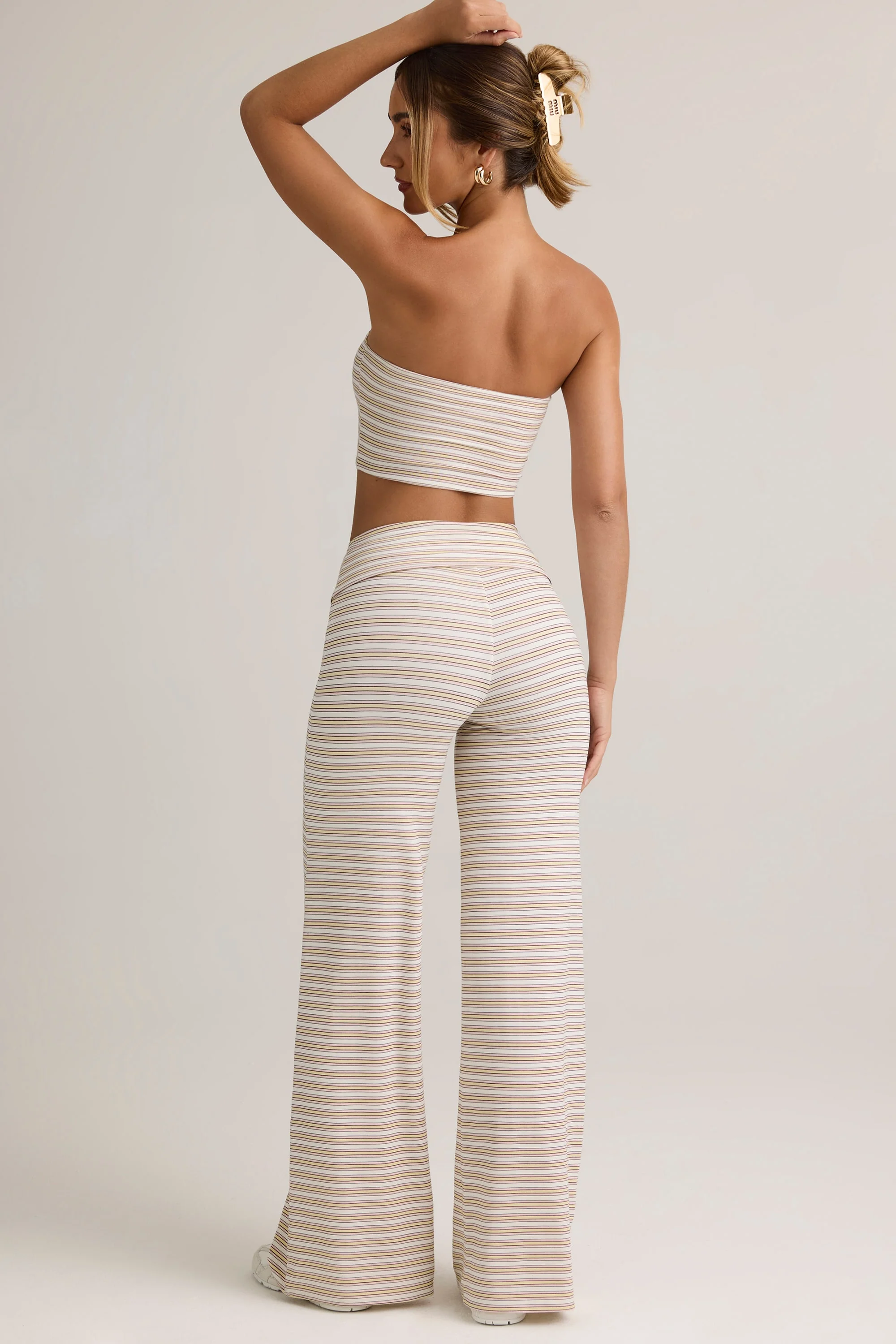 Modal Ribbed Foldover Wide-Leg Trousers in Pink & Yellow Stripe